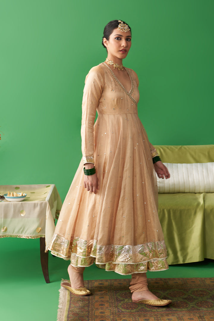 Jhoom Gold tissue angrakha anarkali with chooridar and foil printed chand dupatta (set of 3)