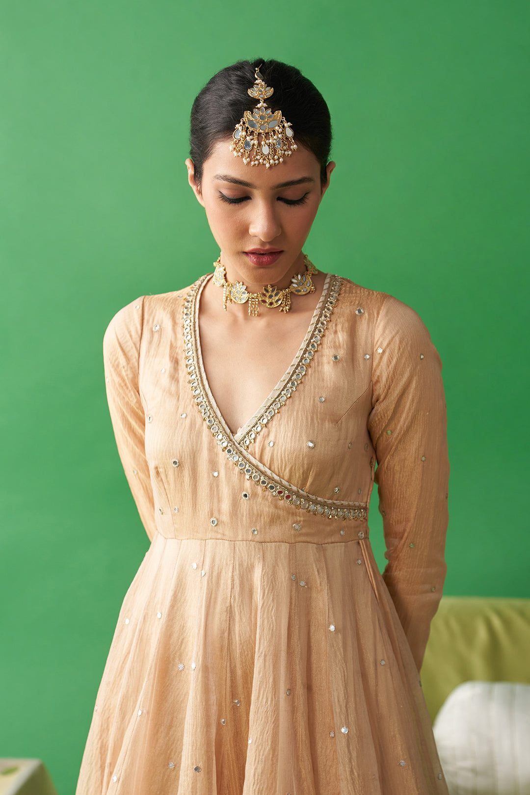 Jhoom Gold tissue angrakha anarkali with chooridar and foil printed chand dupatta (set of 3)