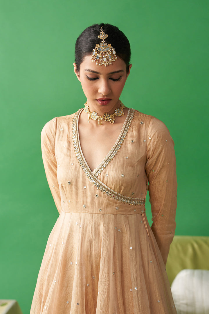 Jhoom Gold tissue angrakha anarkali with chooridar and foil printed chand dupatta (set of 3)