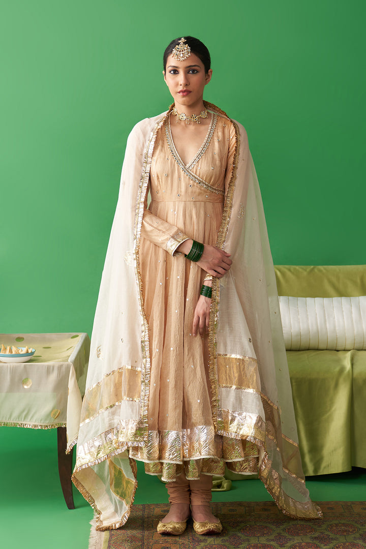 Jhoom Gold tissue angrakha anarkali with chooridar and foil printed chand dupatta (set of 3)