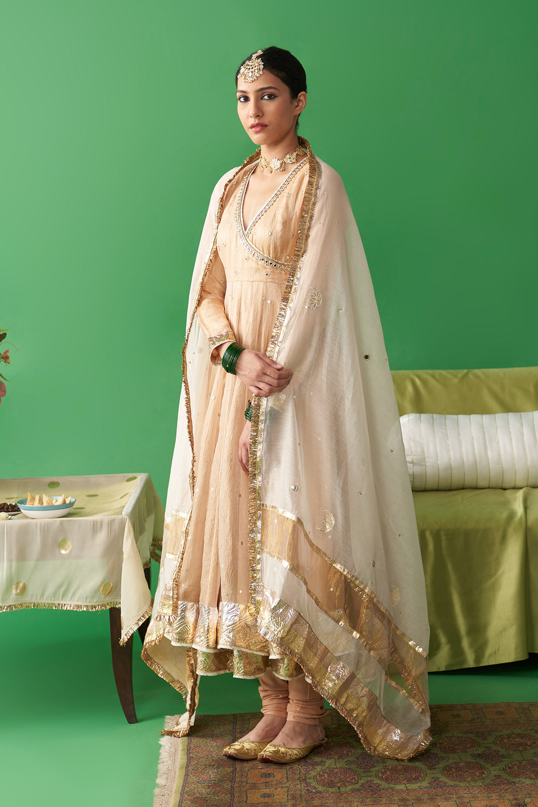 Jhoom Gold tissue angrakha anarkali with chooridar and foil printed chand dupatta (set of 3)