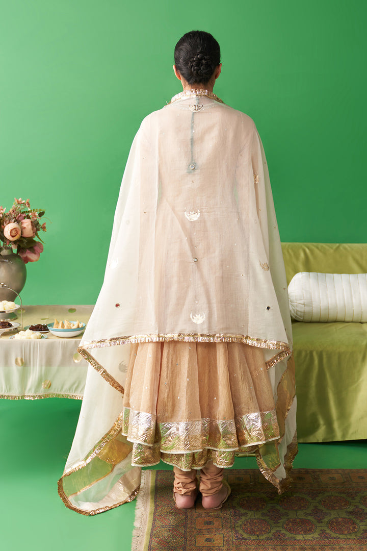 Jhoom Gold tissue angrakha anarkali with chooridar and foil printed chand dupatta (set of 3)