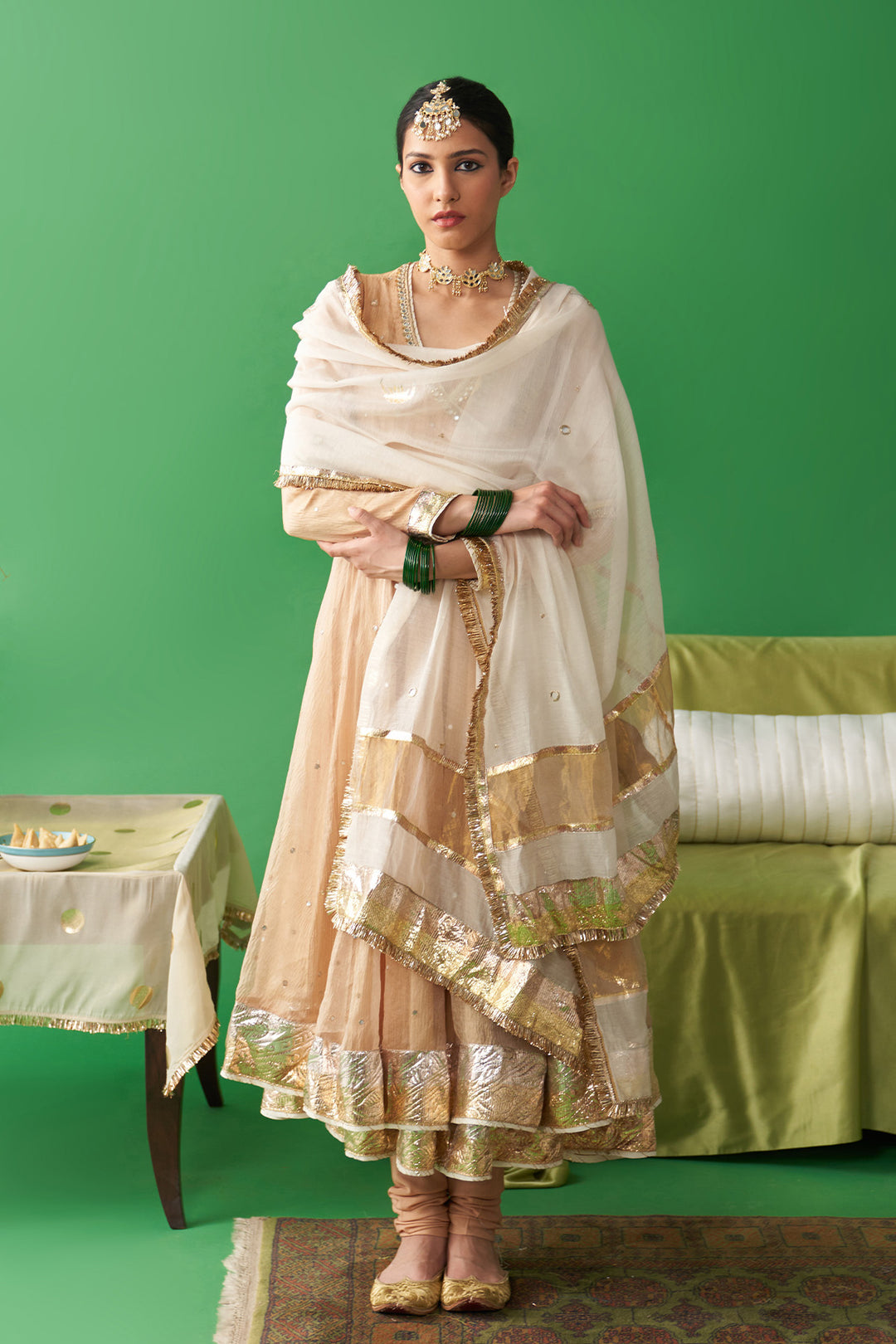 Jhoom Gold tissue angrakha anarkali with chooridar and foil printed chand dupatta (set of 3)