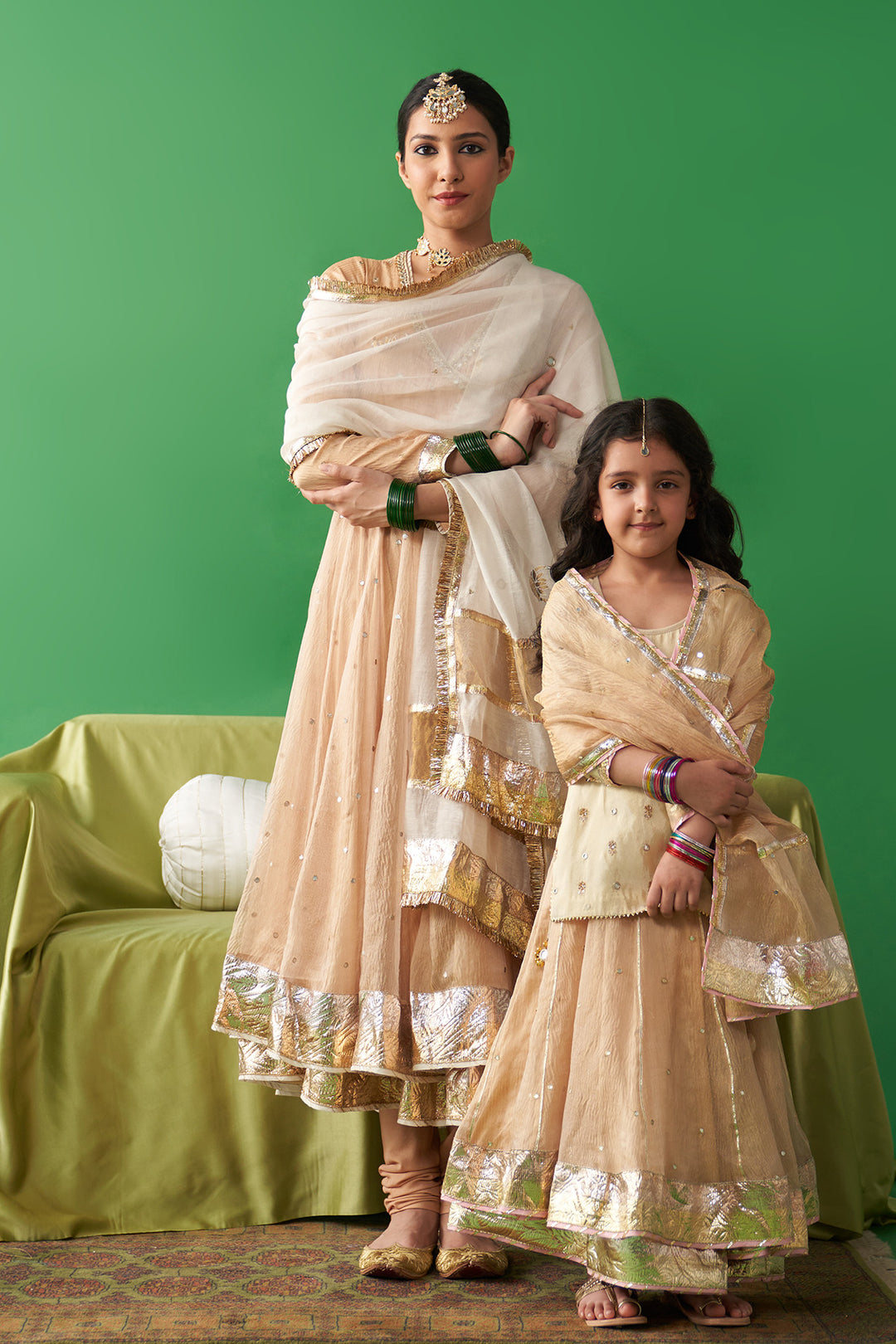 Jhoom Gold tissue angrakha anarkali with chooridar and foil printed chand dupatta (set of 3)