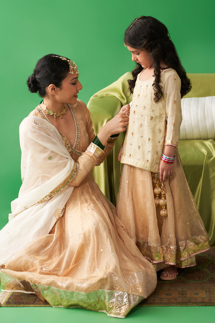 Jhoom Gold tissue angrakha anarkali with chooridar and foil printed chand dupatta (set of 3)