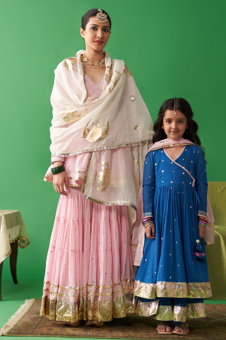 Jhoom Soft pink v neck kurta with garara and ivory foil printed chand dupatta (set of 3)