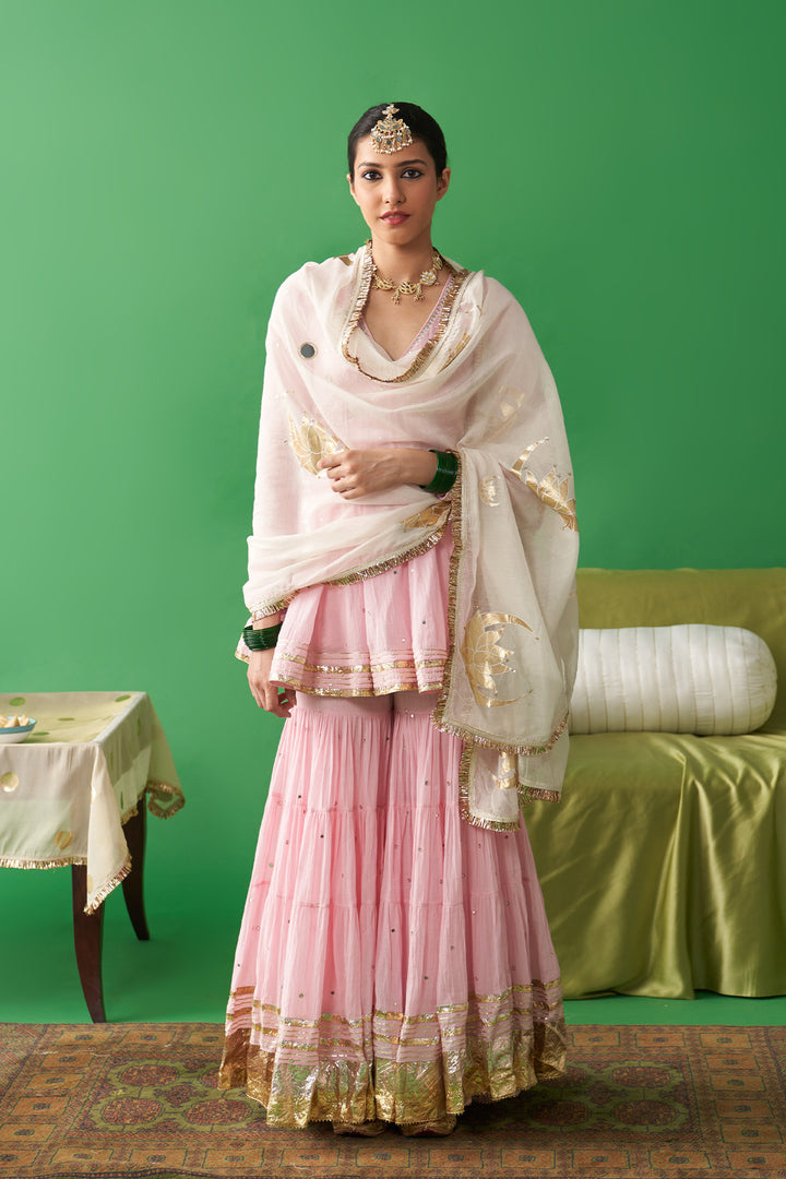 Jhoom Soft pink v neck kurta with garara and ivory foil printed chand dupatta (set of 3)