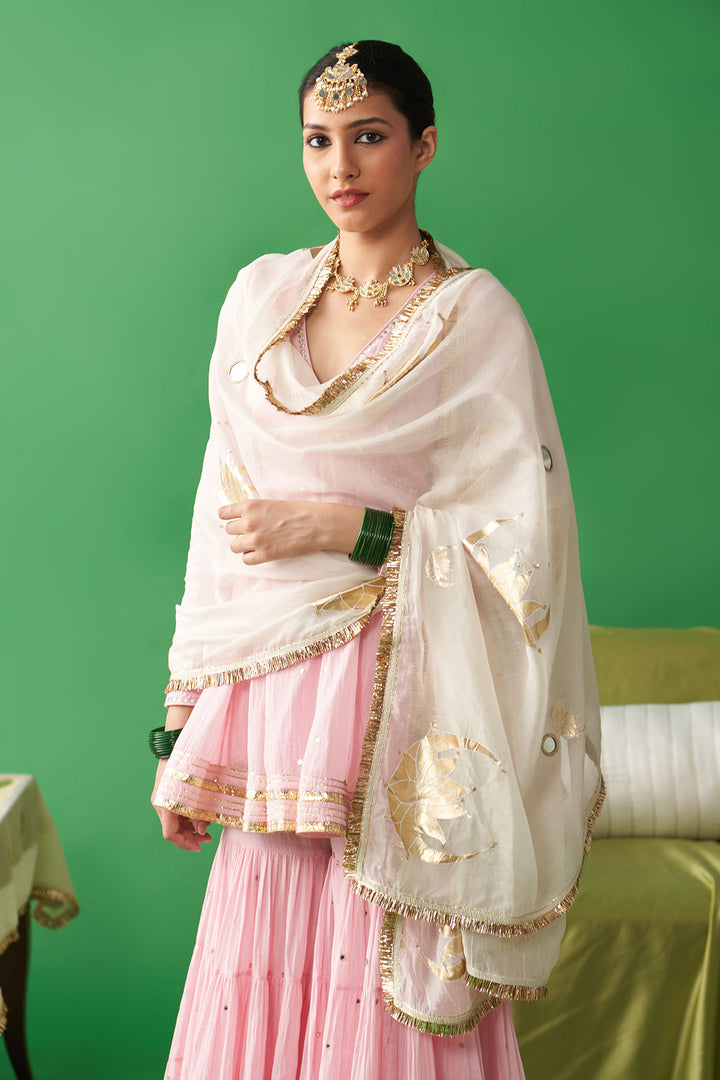 Jhoom Soft pink v neck kurta with garara and ivory foil printed chand dupatta (set of 3)