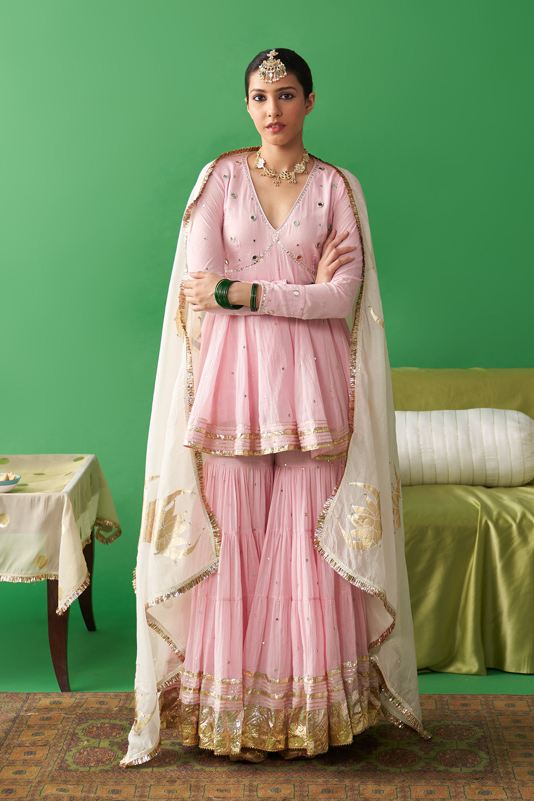 Jhoom Soft pink v neck kurta with garara and ivory foil printed chand dupatta (set of 3)