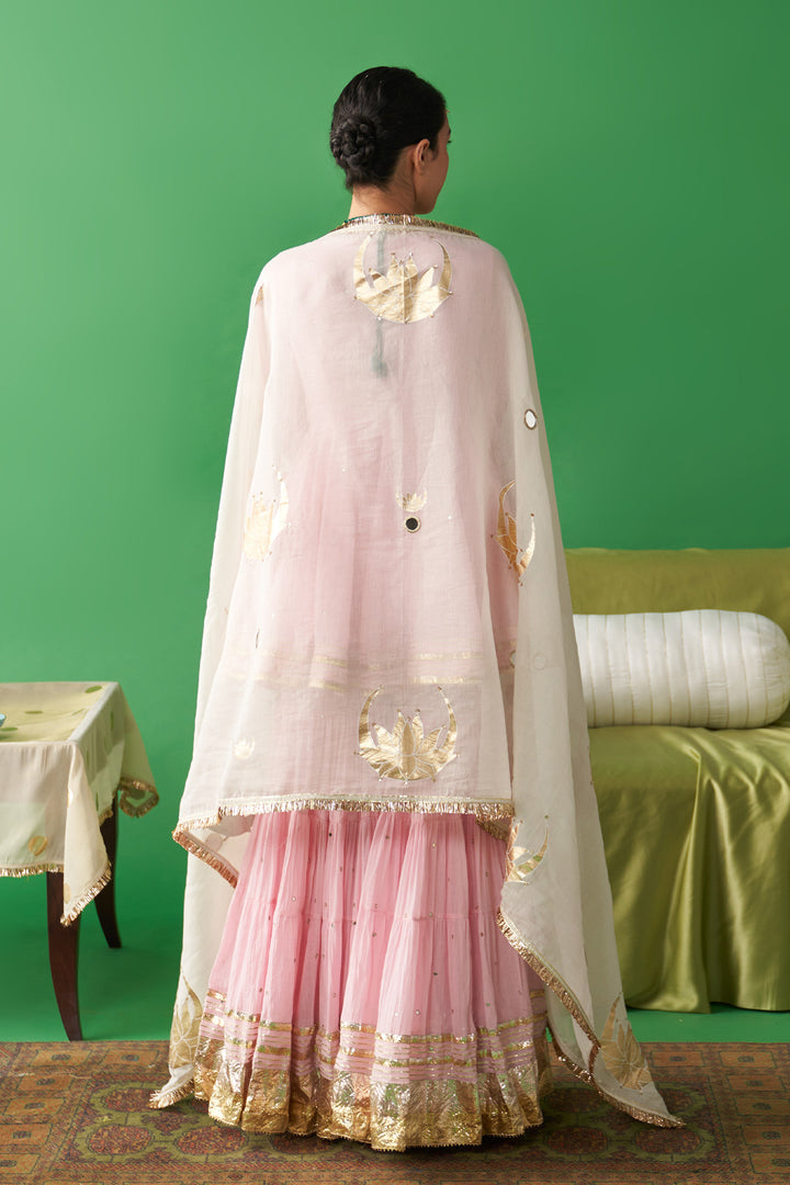 Jhoom Soft pink v neck kurta with garara and ivory foil printed chand dupatta (set of 3)