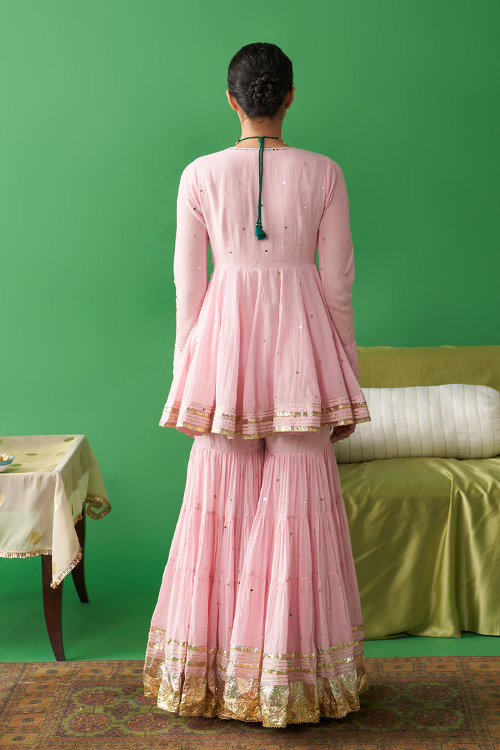 Jhoom Soft pink v neck kurta with garara and ivory foil printed chand dupatta (set of 3)