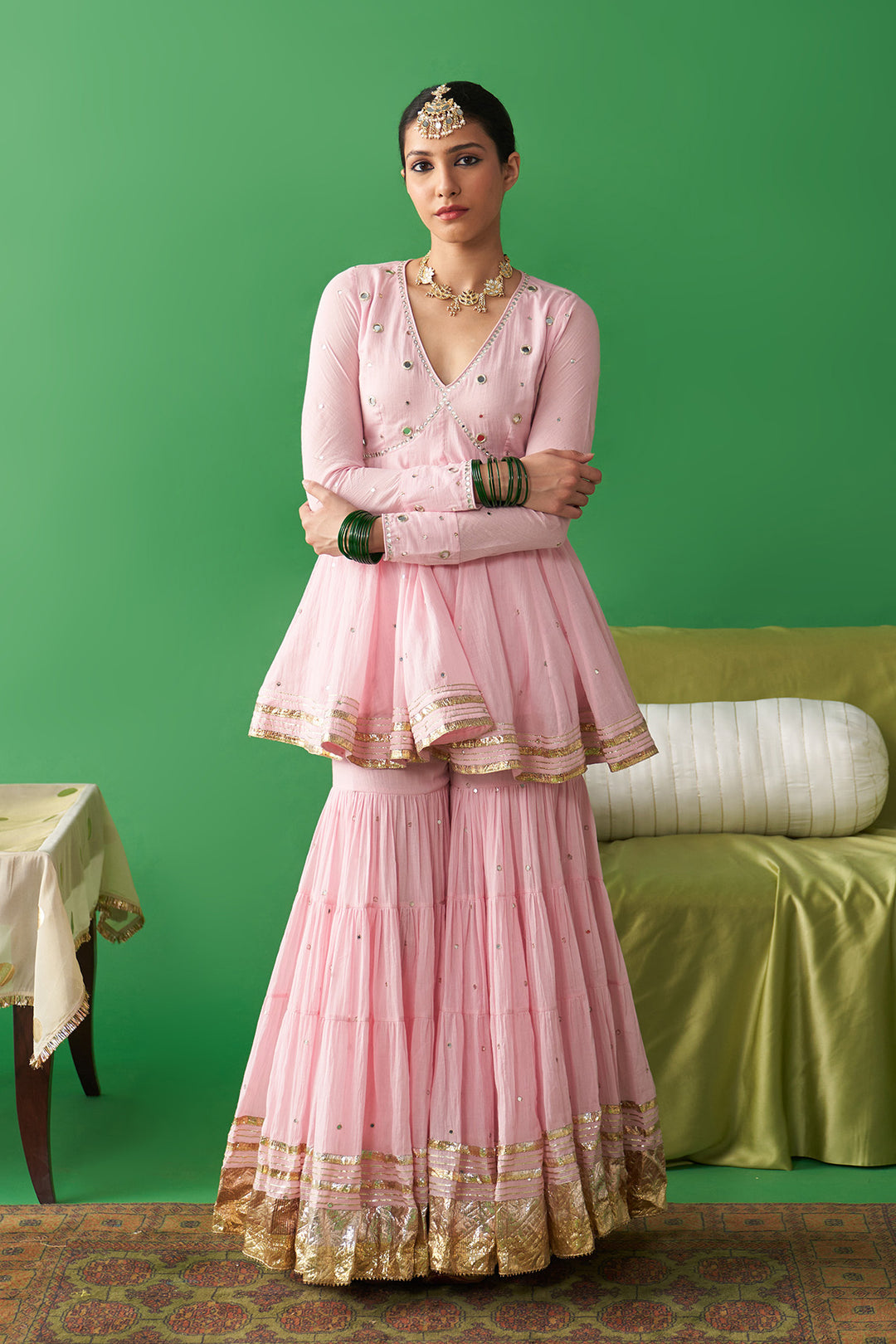 Jhoom Soft pink v neck kurta with garara and ivory foil printed chand dupatta (set of 3)