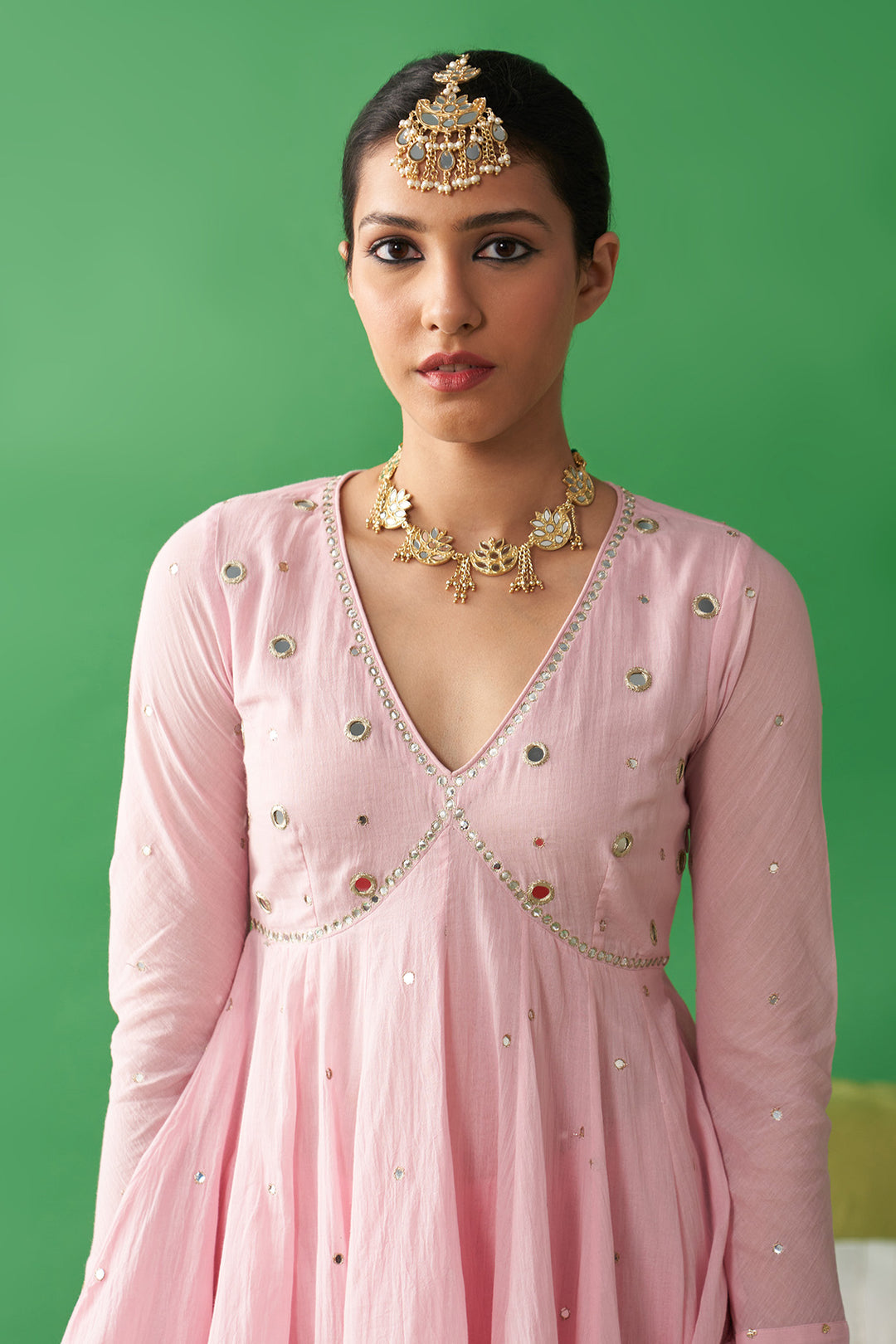 Jhoom Soft pink v neck kurta with garara and ivory foil printed chand dupatta (set of 3)