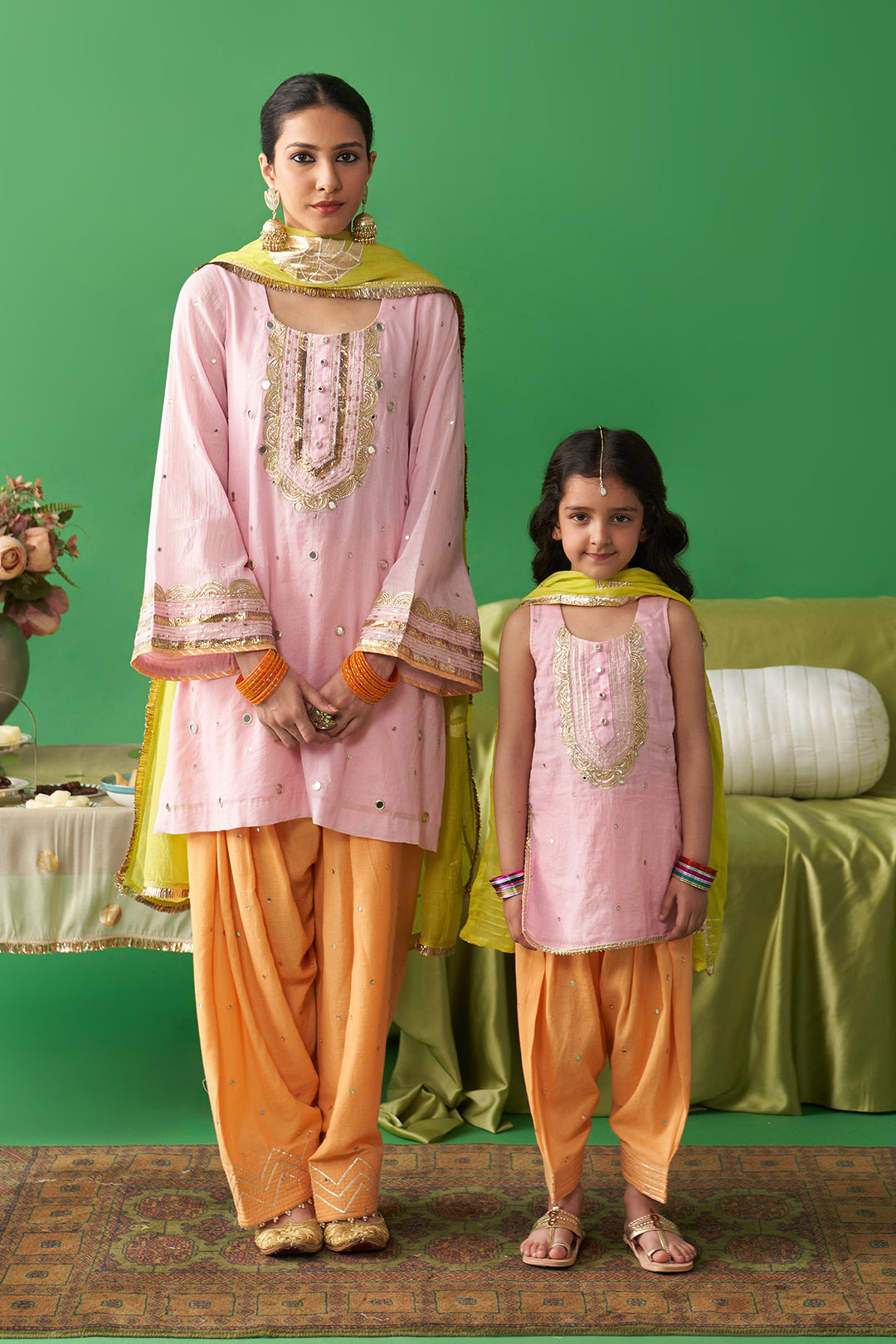 Jhoom soft pink kurta with orange salwar and neon green foil printed chand dupatta (set of 3)