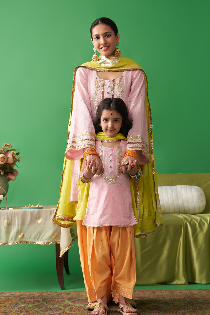 Jhoom soft pink kurta with orange salwar and neon green foil printed chand dupatta (set of 3)