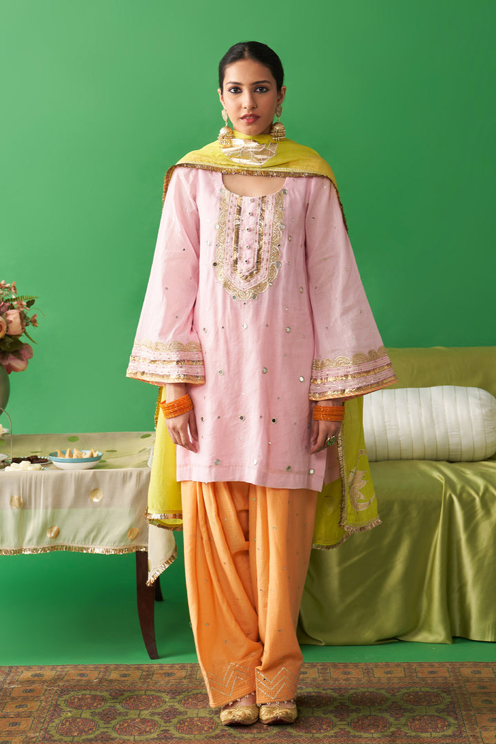 Jhoom soft pink kurta with orange salwar and neon green foil printed chand dupatta (set of 3)