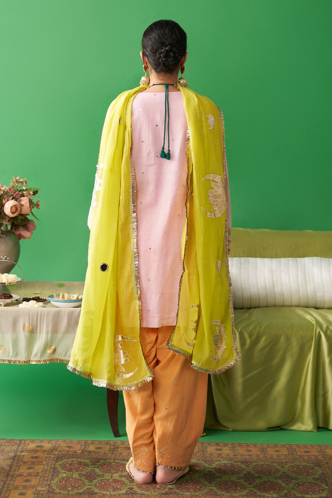 Jhoom soft pink kurta with orange salwar and neon green foil printed chand dupatta (set of 3)