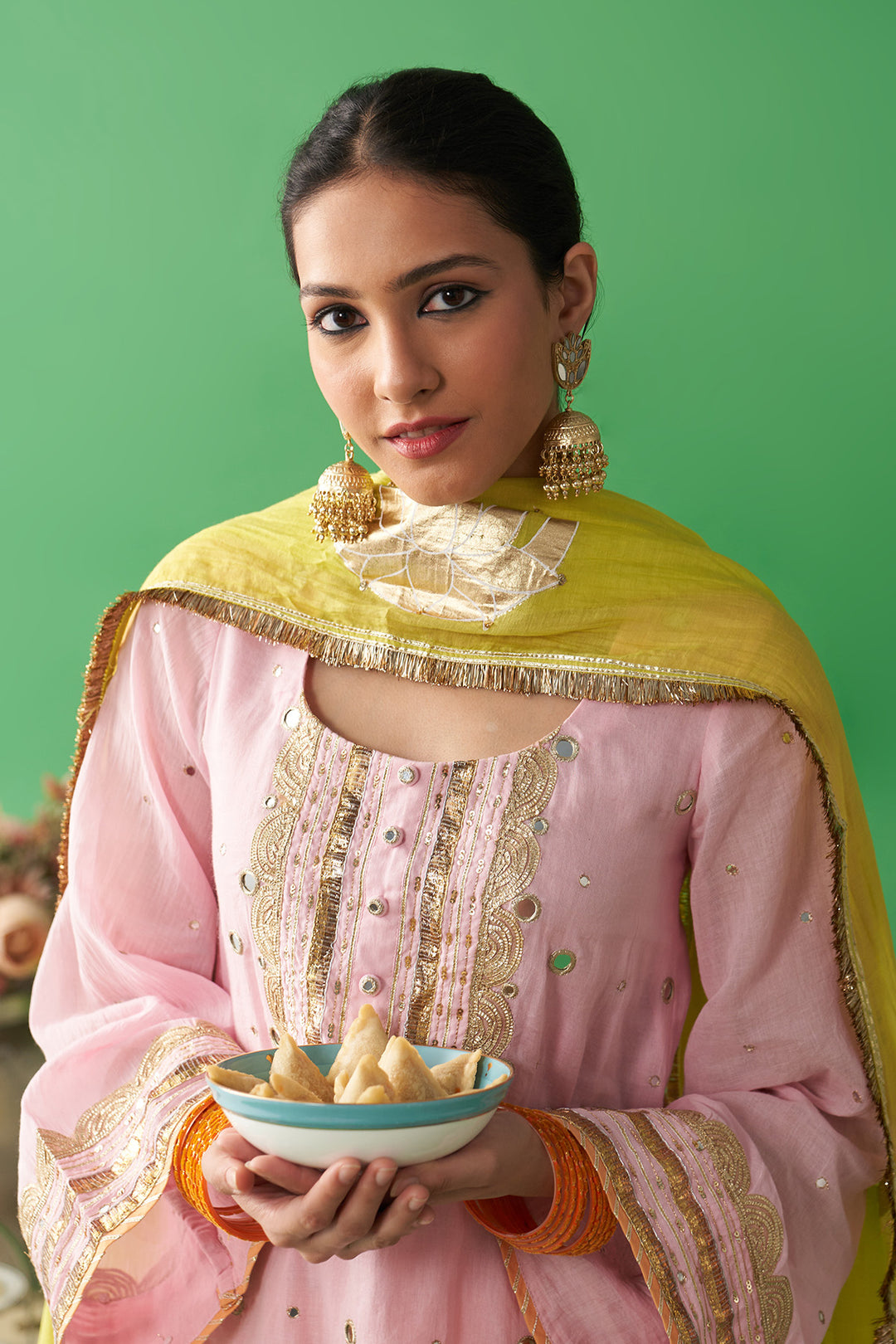 Jhoom soft pink kurta with orange salwar and neon green foil printed chand dupatta (set of 3)