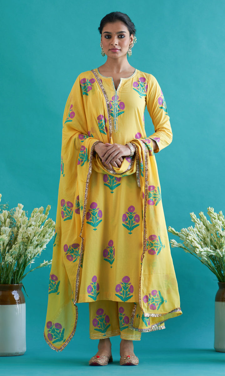 Samaah yellow block printed straight kurta with palazzo and dupatta ( set of  3)
