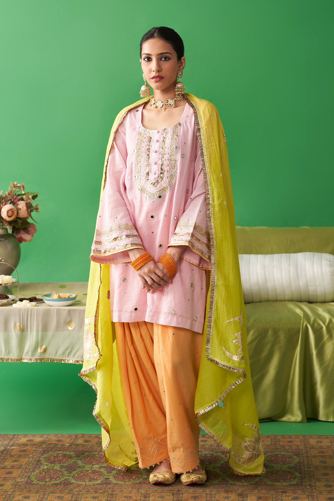 Jhoom soft pink kurta with orange salwar and neon green foil printed chand dupatta (set of 3)