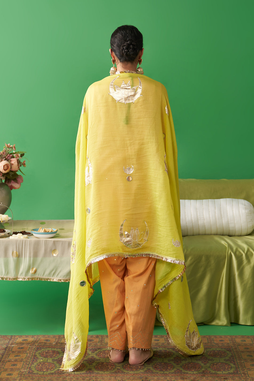 Jhoom soft pink kurta with orange salwar and neon green foil printed chand dupatta (set of 3)