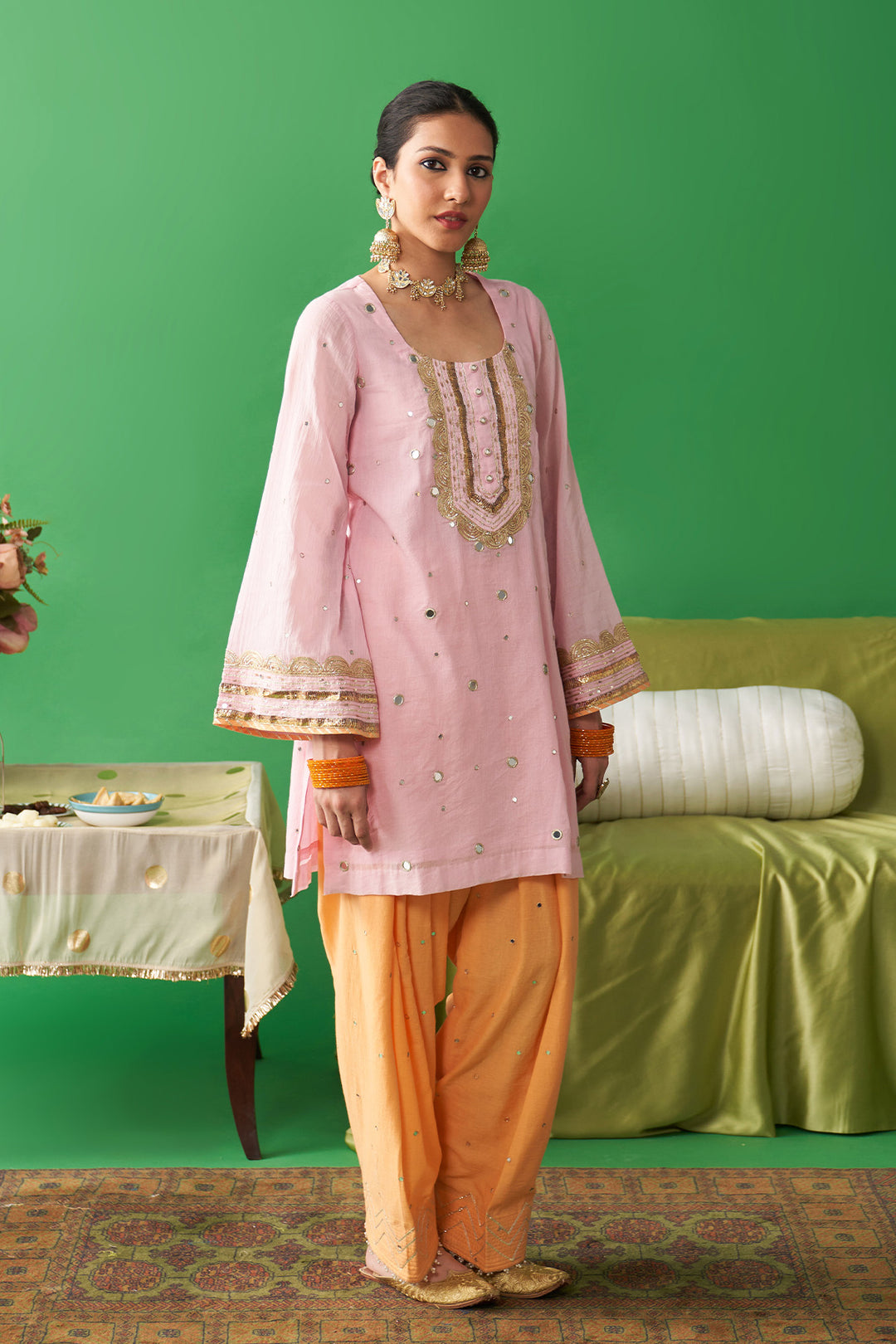 Jhoom soft pink kurta with orange salwar and neon green foil printed chand dupatta (set of 3)