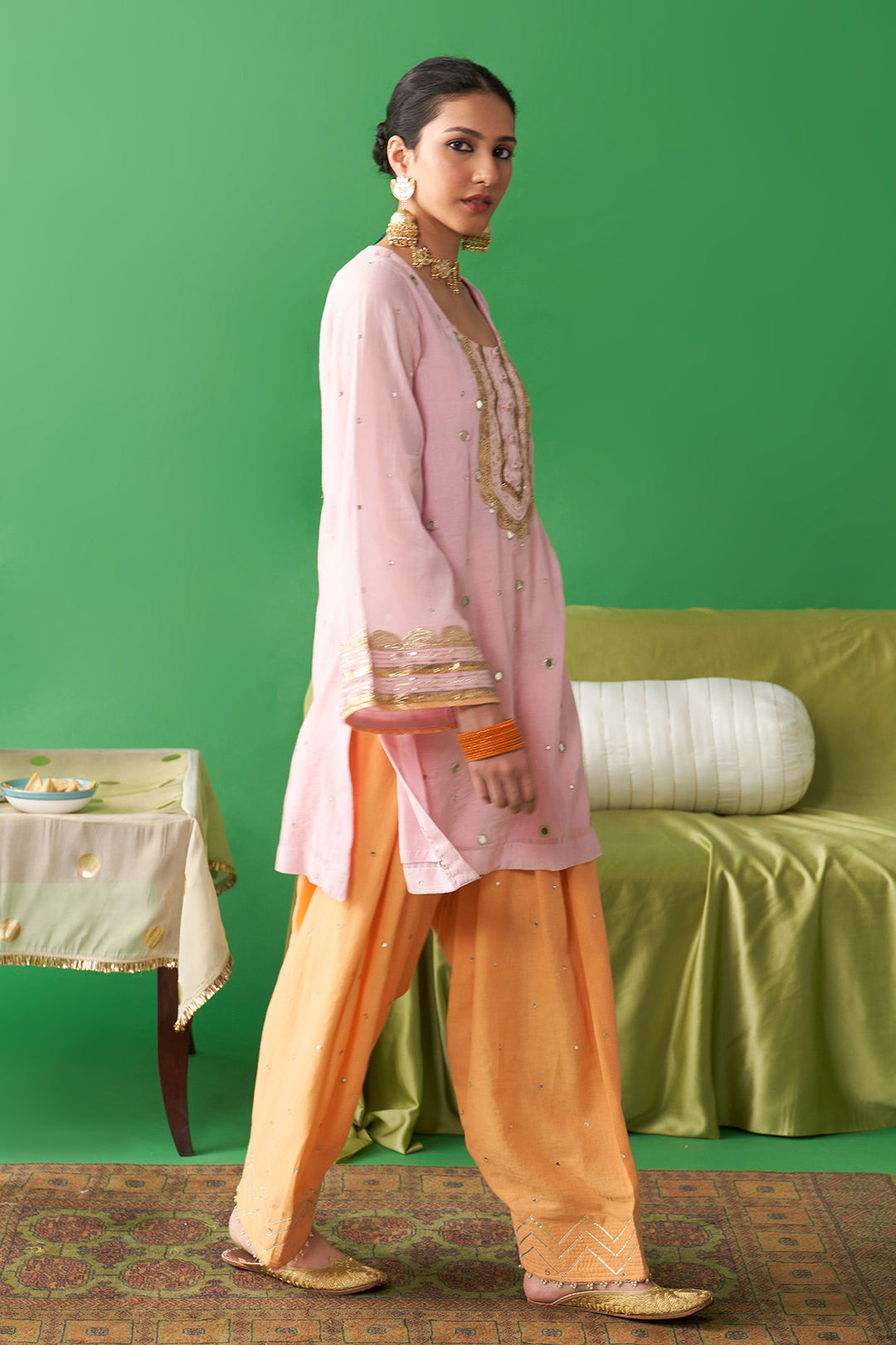 Jhoom soft pink kurta with orange salwar and neon green foil printed chand dupatta (set of 3)