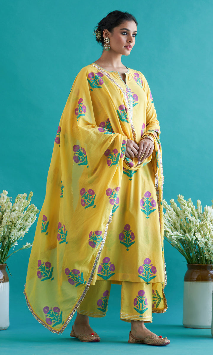 Samaah yellow block printed straight kurta with palazzo and dupatta ( set of  3)