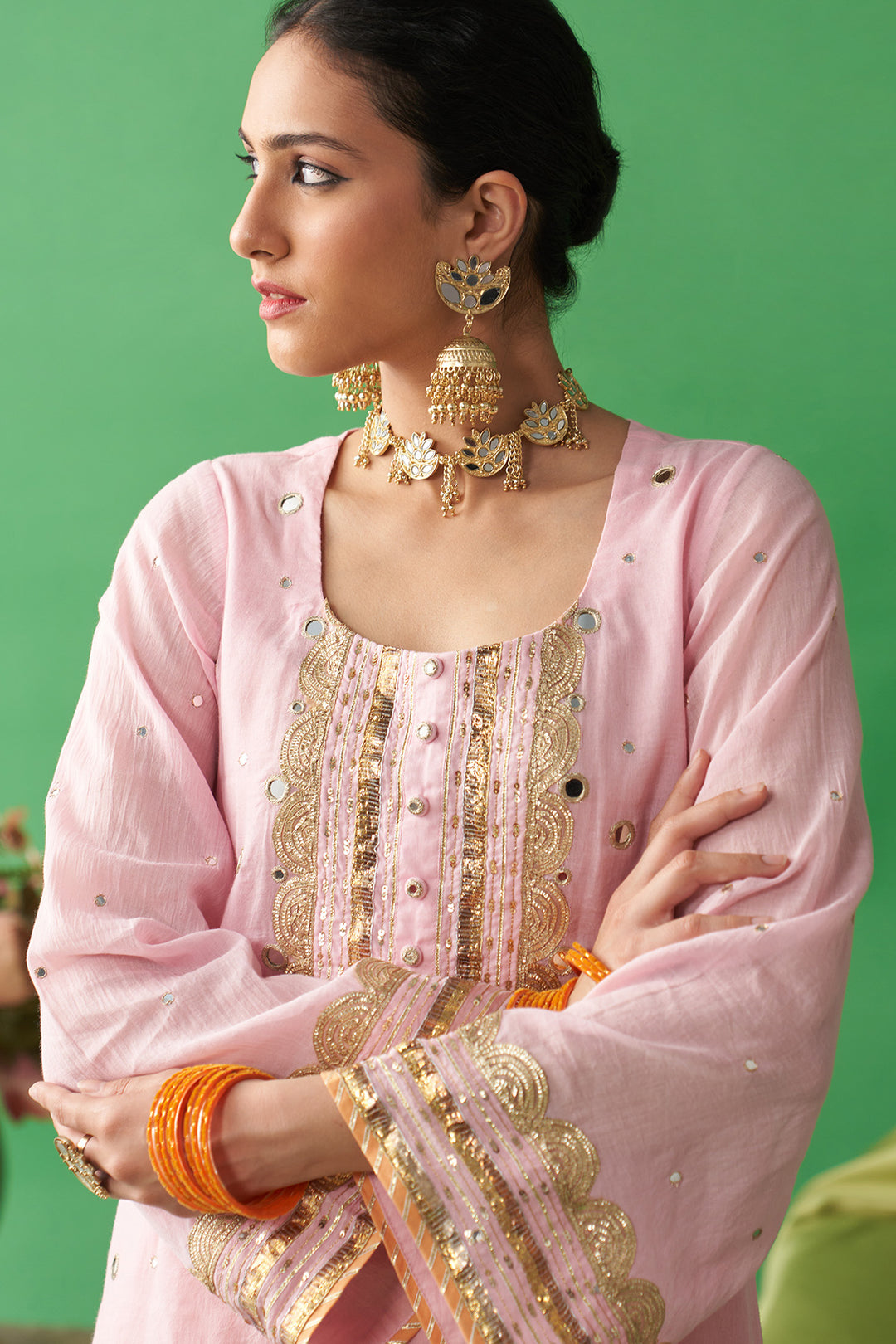 Jhoom soft pink kurta with orange salwar and neon green foil printed chand dupatta (set of 3)