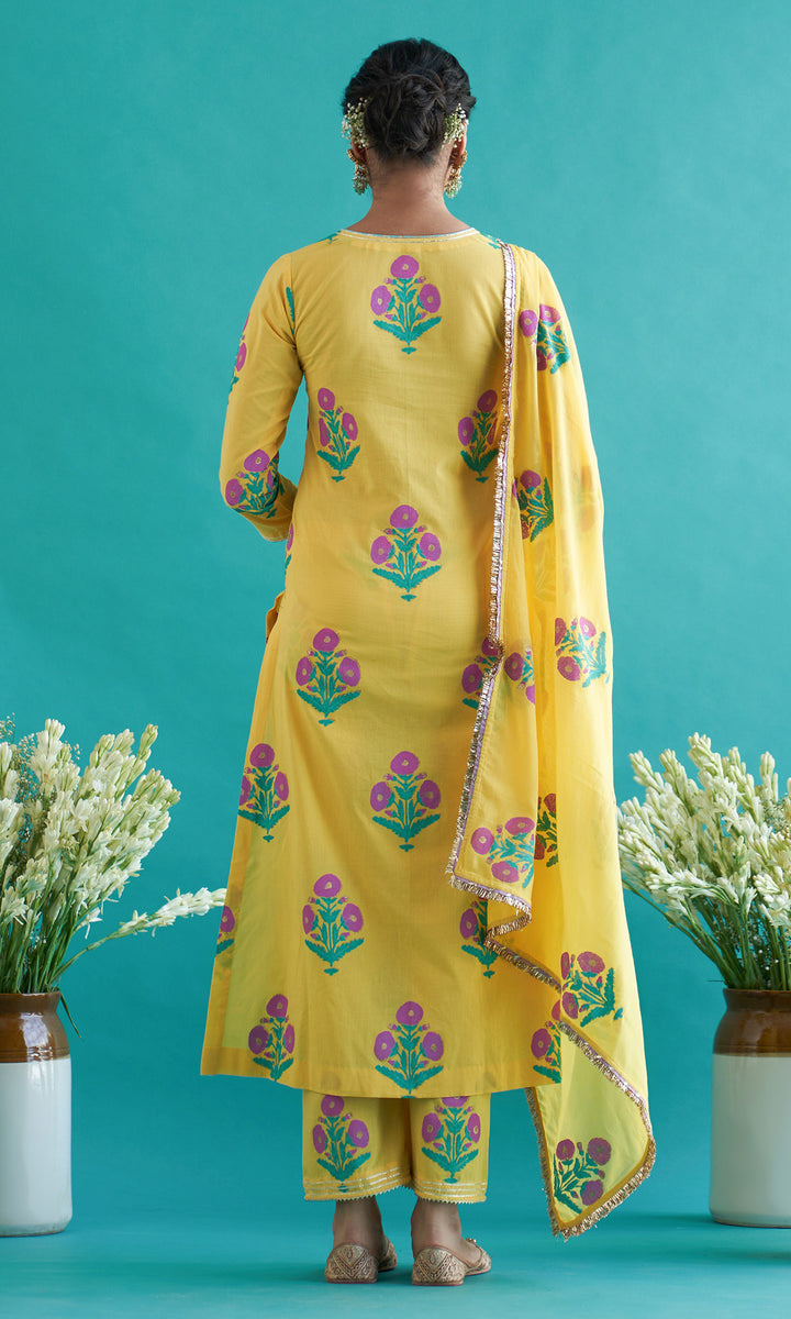 Samaah yellow block printed straight kurta with palazzo and dupatta ( set of  3)