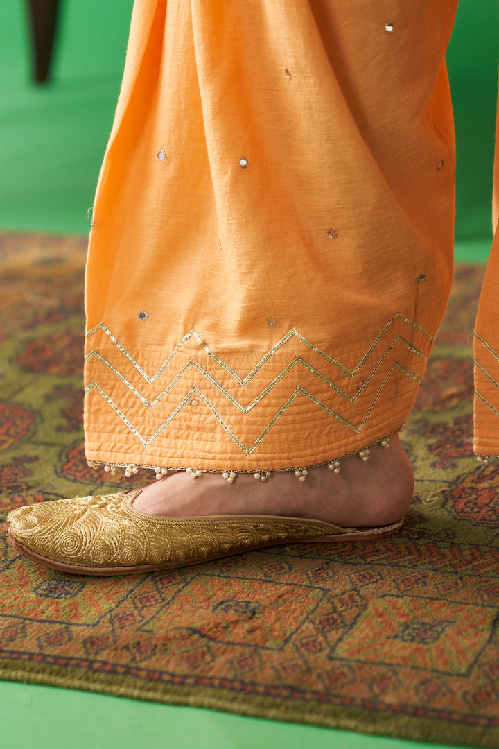 Jhoom soft pink kurta with orange salwar and neon green foil printed chand dupatta (set of 3)