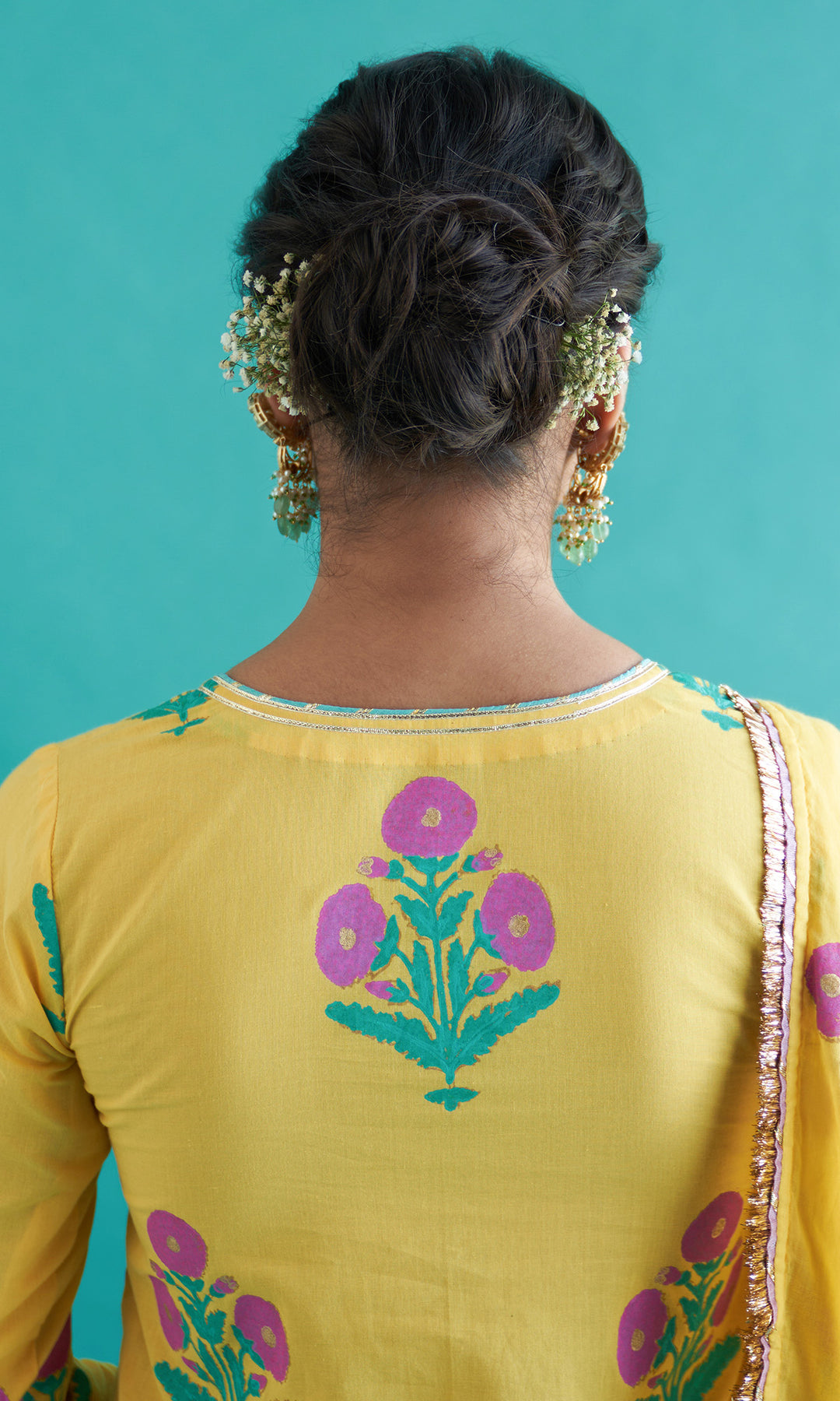 Samaah yellow block printed straight kurta with palazzo and dupatta ( set of  3)