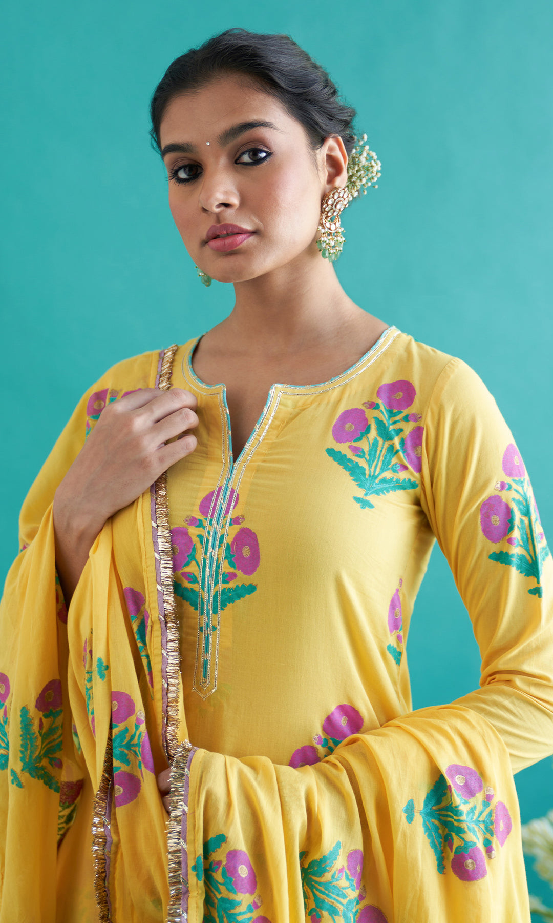 Samaah yellow block printed straight kurta with palazzo and dupatta ( set of  3)