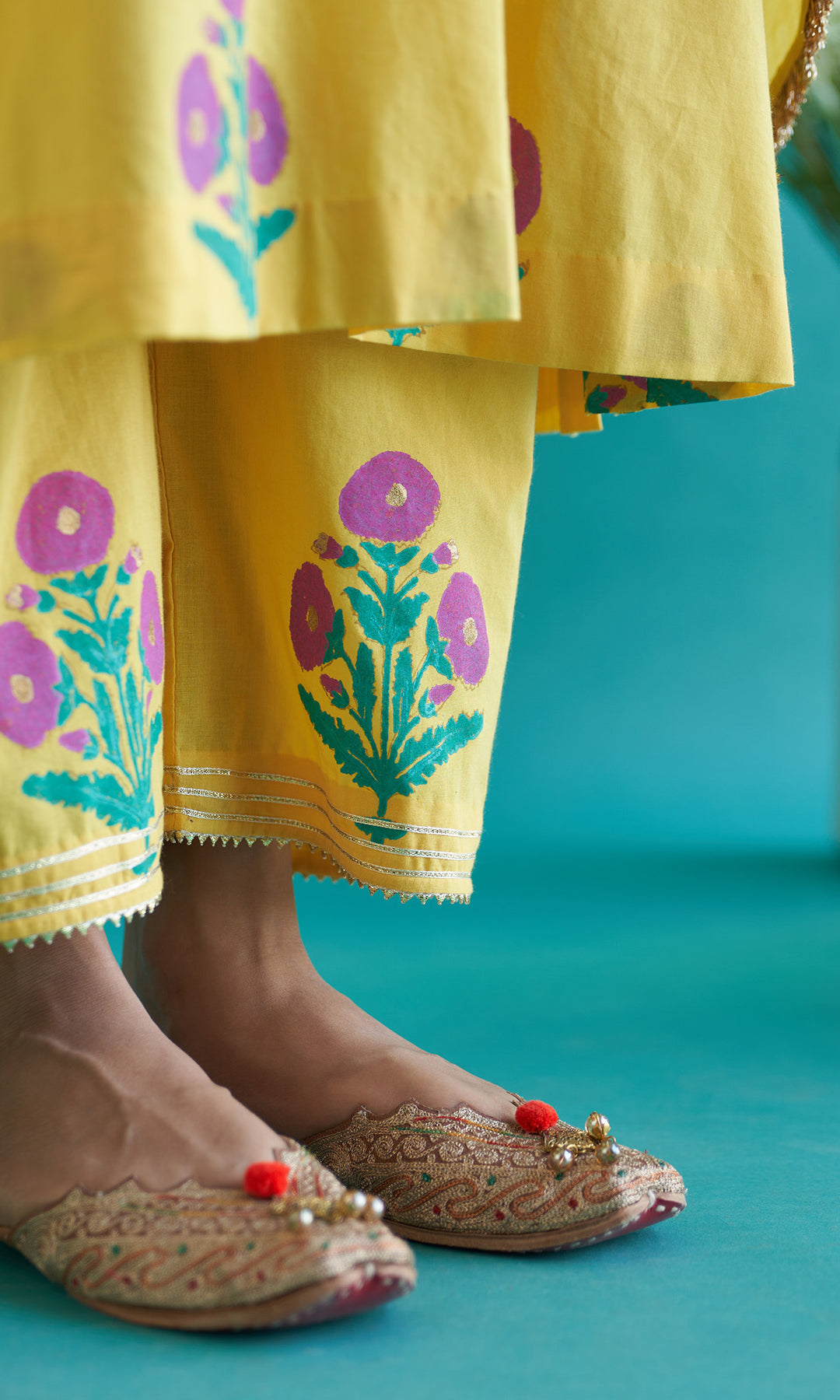 Samaah yellow block printed straight kurta with palazzo and dupatta ( set of  3)