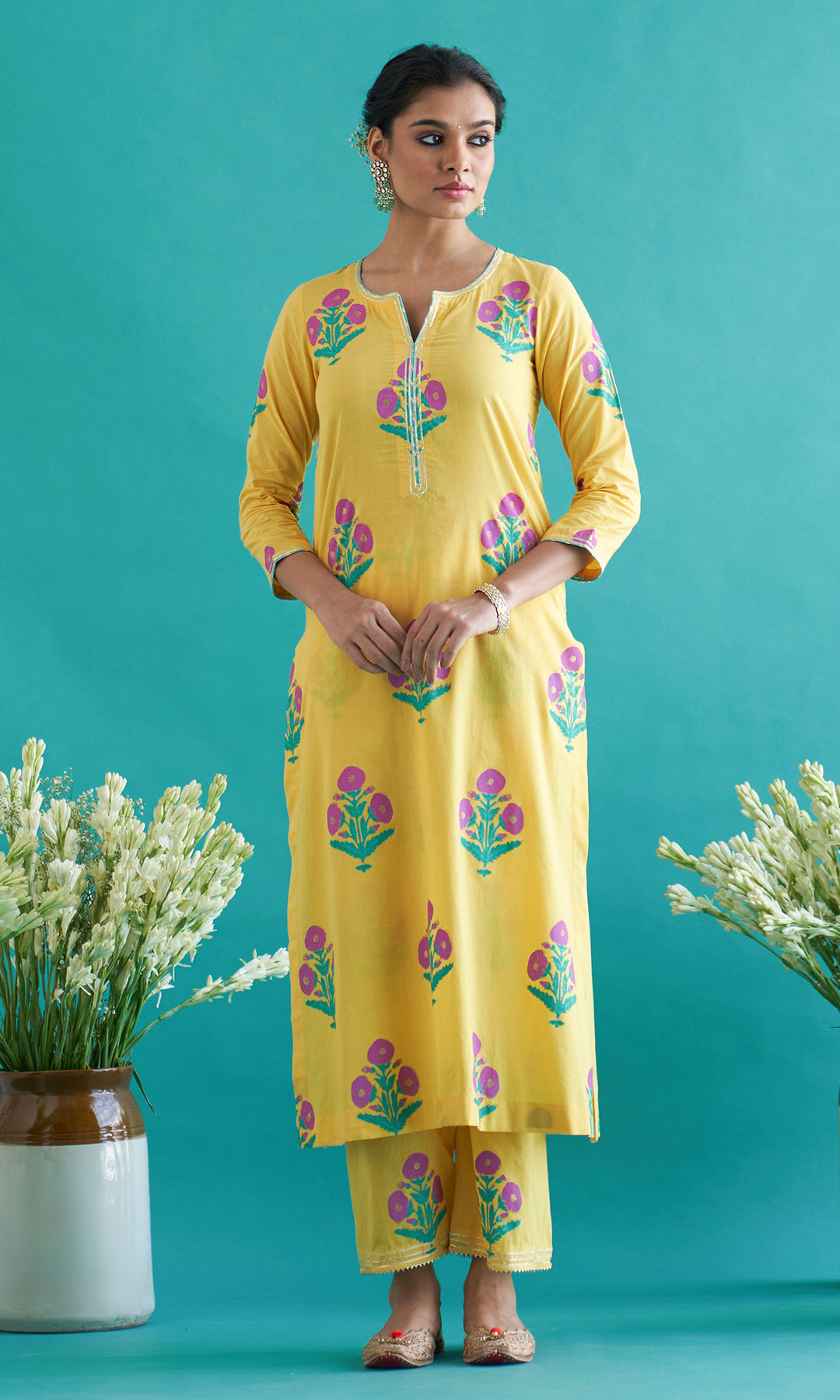 Samaah yellow block printed straight kurta with palazzo and dupatta ( set of  3)