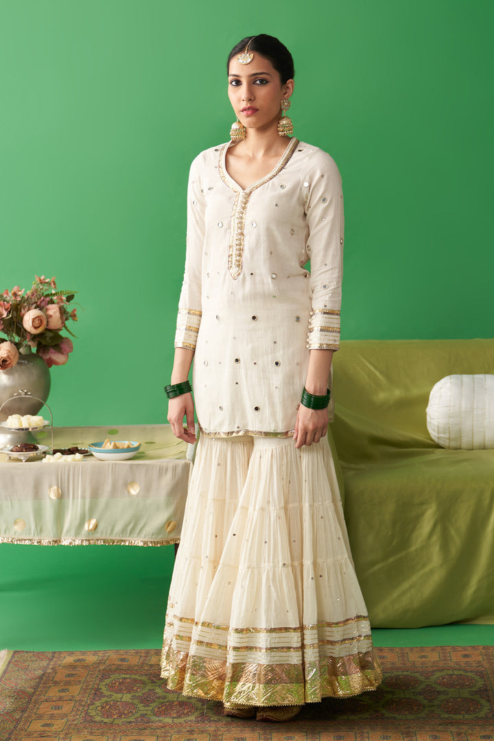 Jhoom Ivory short kurta with garara and neon green foil printed chand dupatta (set of 3)