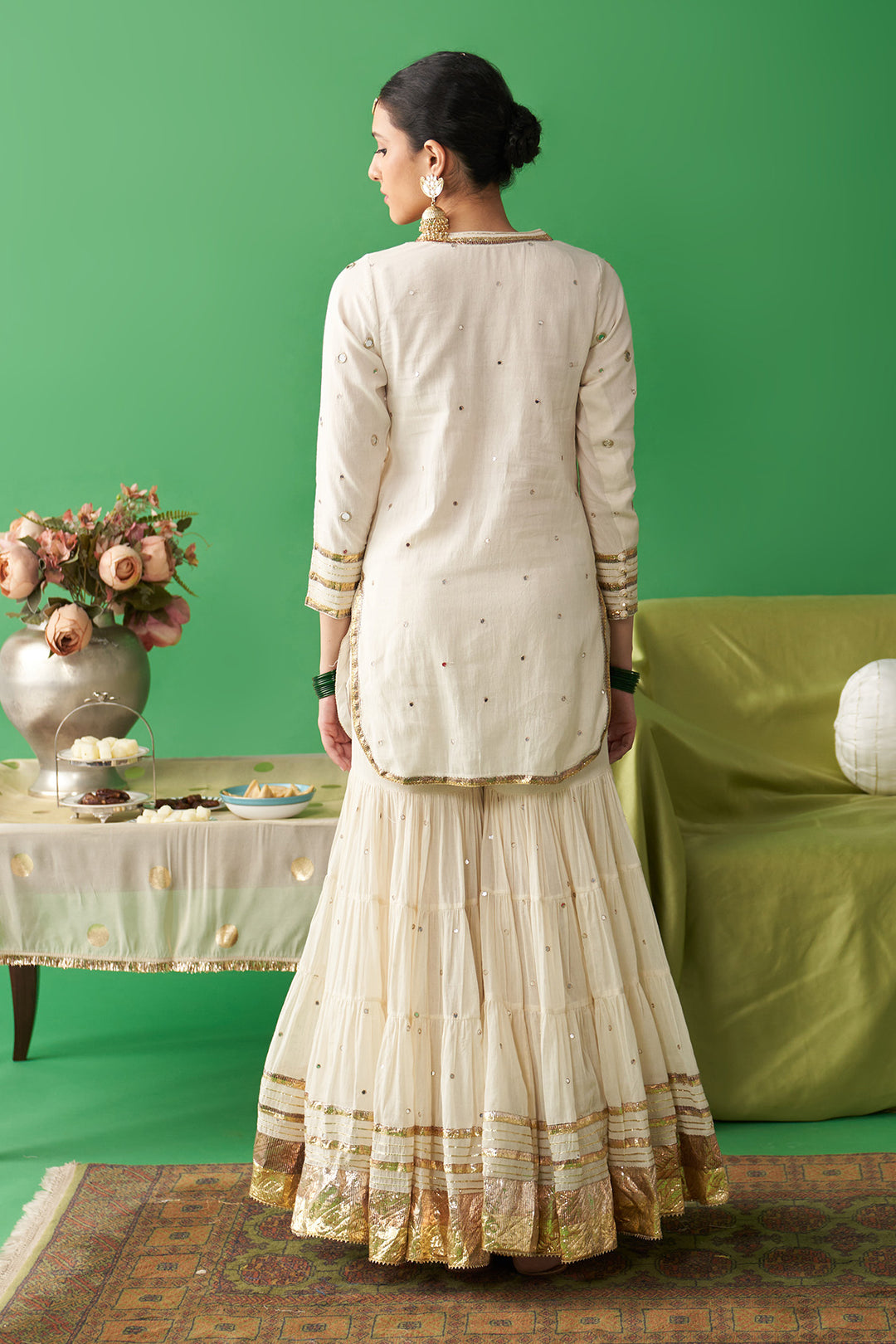 Jhoom Ivory short kurta with garara and foil printed chand dupatta (set of 3)