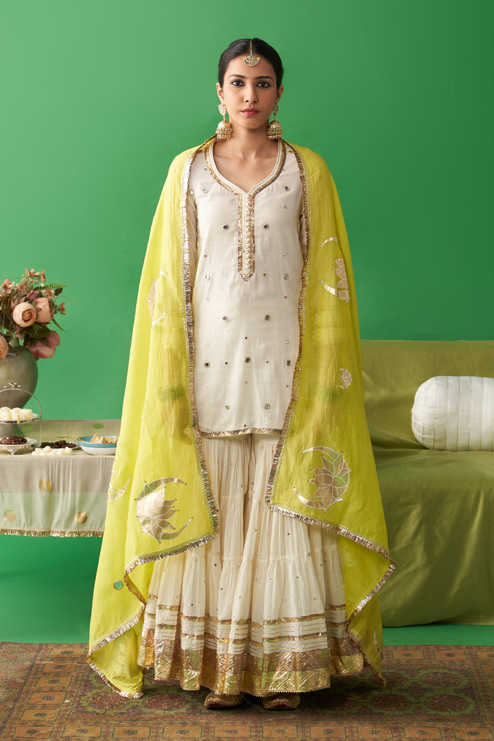 Jhoom Ivory short kurta with garara and neon green foil printed chand dupatta (set of 3)