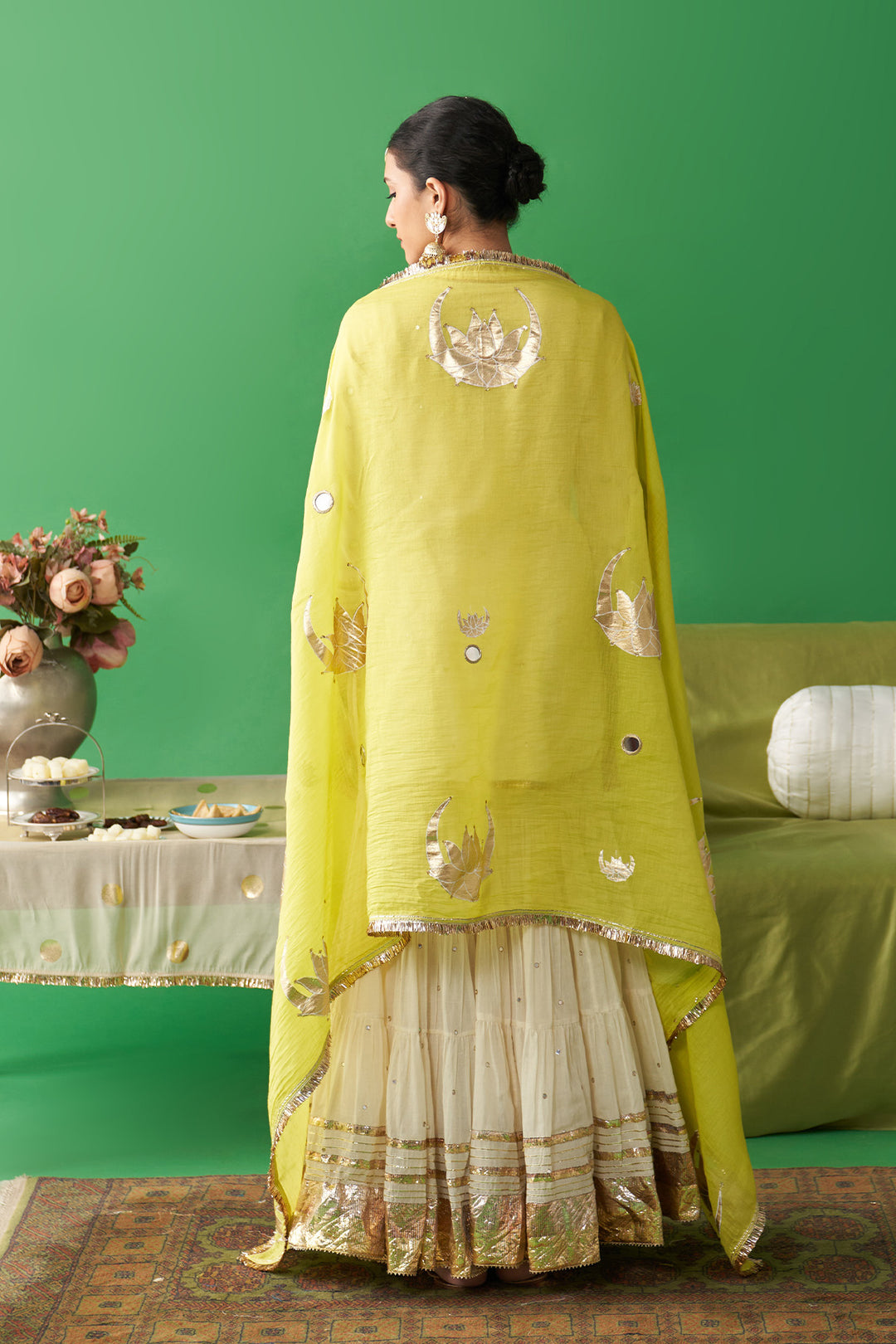 Jhoom Ivory short kurta with garara and neon green foil printed chand dupatta (set of 3)