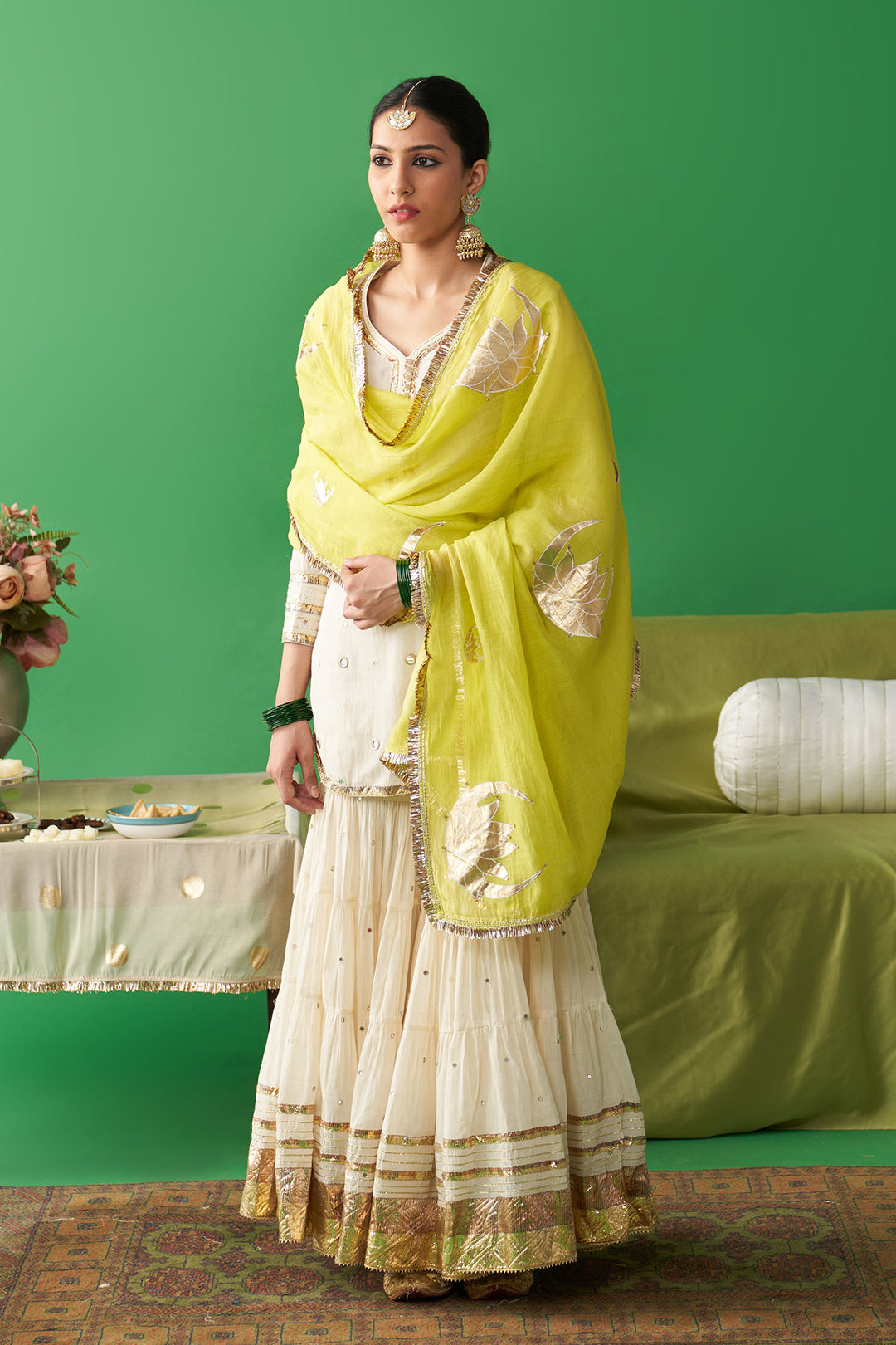Jhoom Ivory short kurta with garara and neon green foil printed chand dupatta (set of 3)
