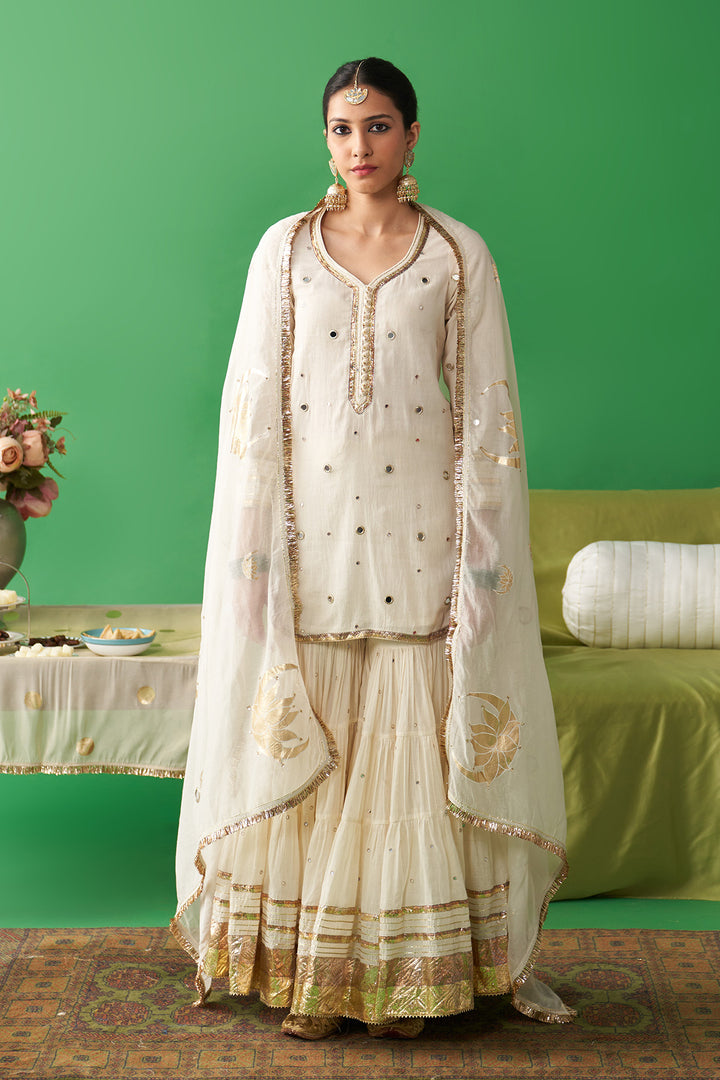 Jhoom Ivory short kurta with garara and foil printed chand dupatta (set of 3)