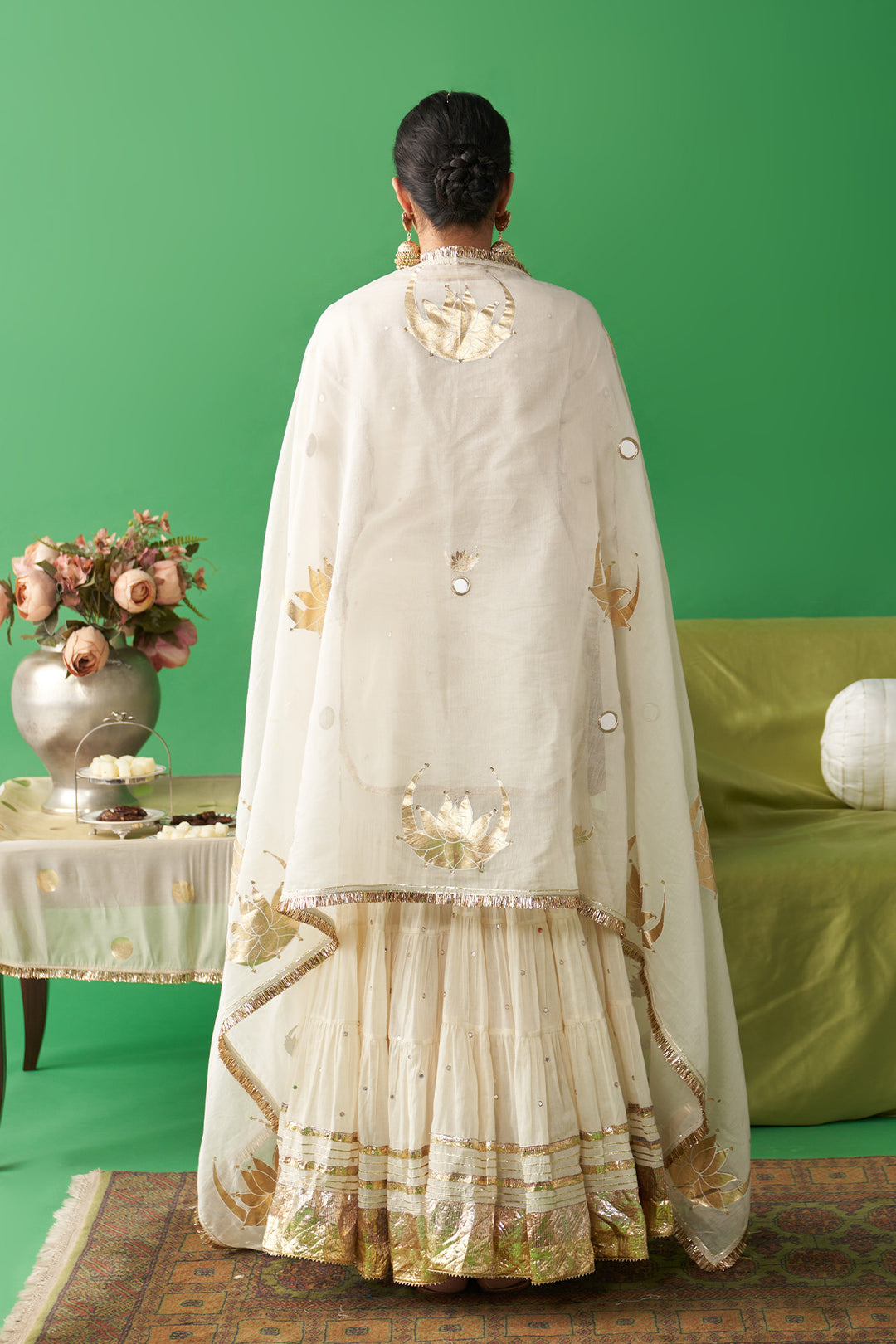 Jhoom Ivory short kurta with garara and foil printed chand dupatta (set of 3)