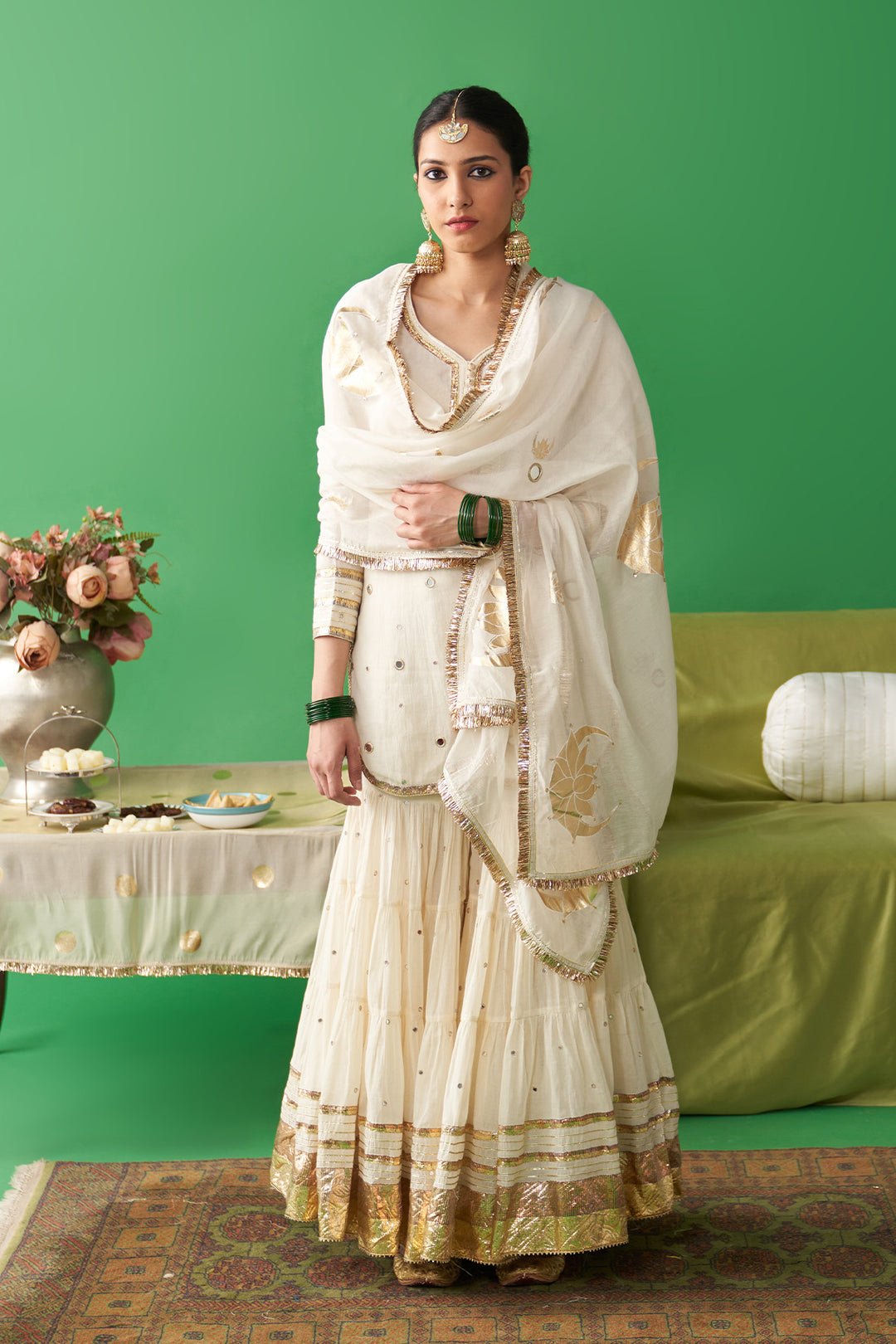 Jhoom Ivory short kurta with garara and foil printed chand dupatta (set of 3)