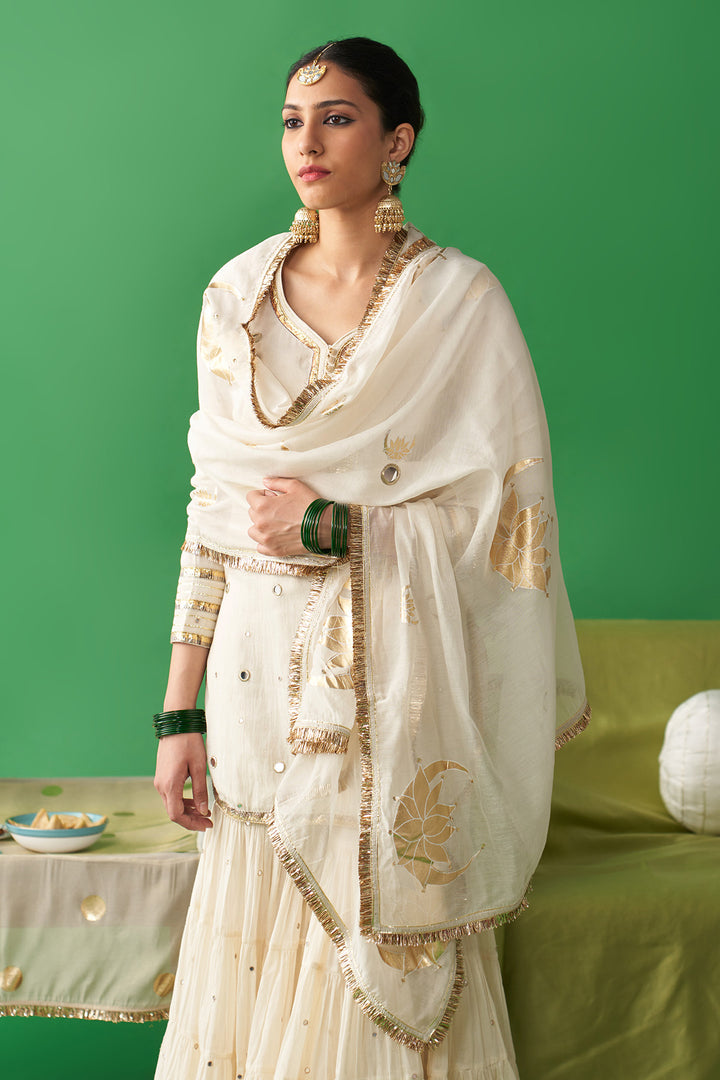 Jhoom Ivory short kurta with garara and foil printed chand dupatta (set of 3)