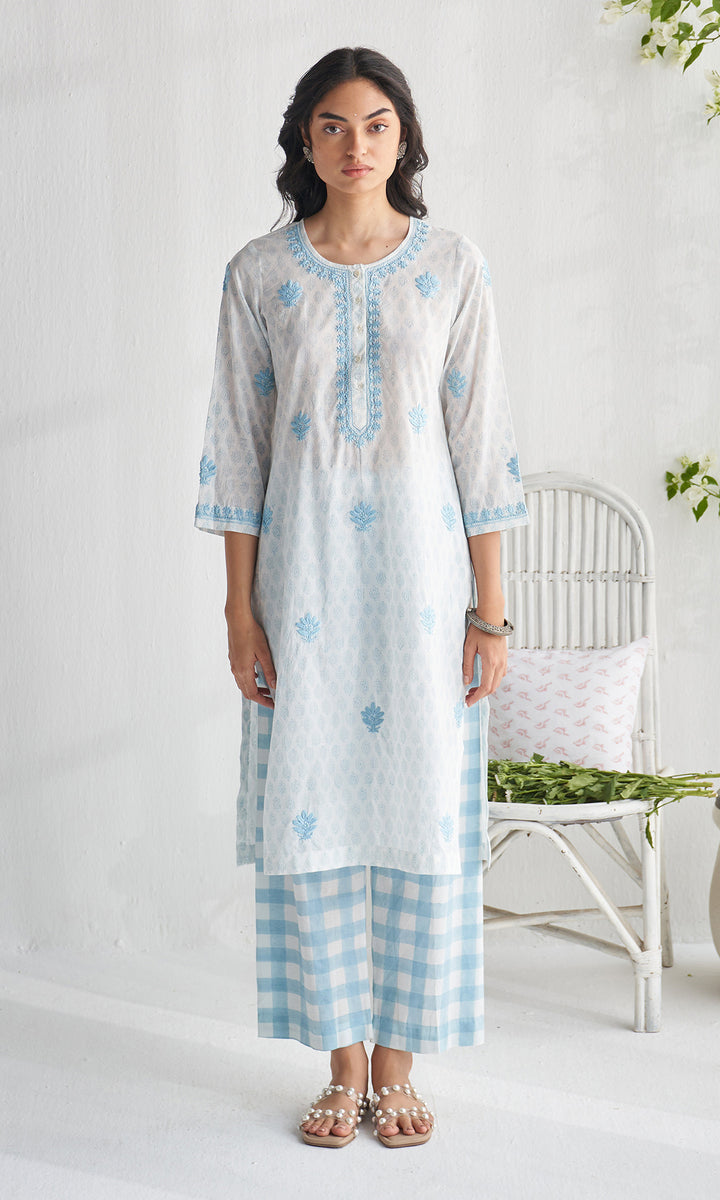 Gulmohar chikankari powder blue block printed  kurta with straight palazzo (set of 2)