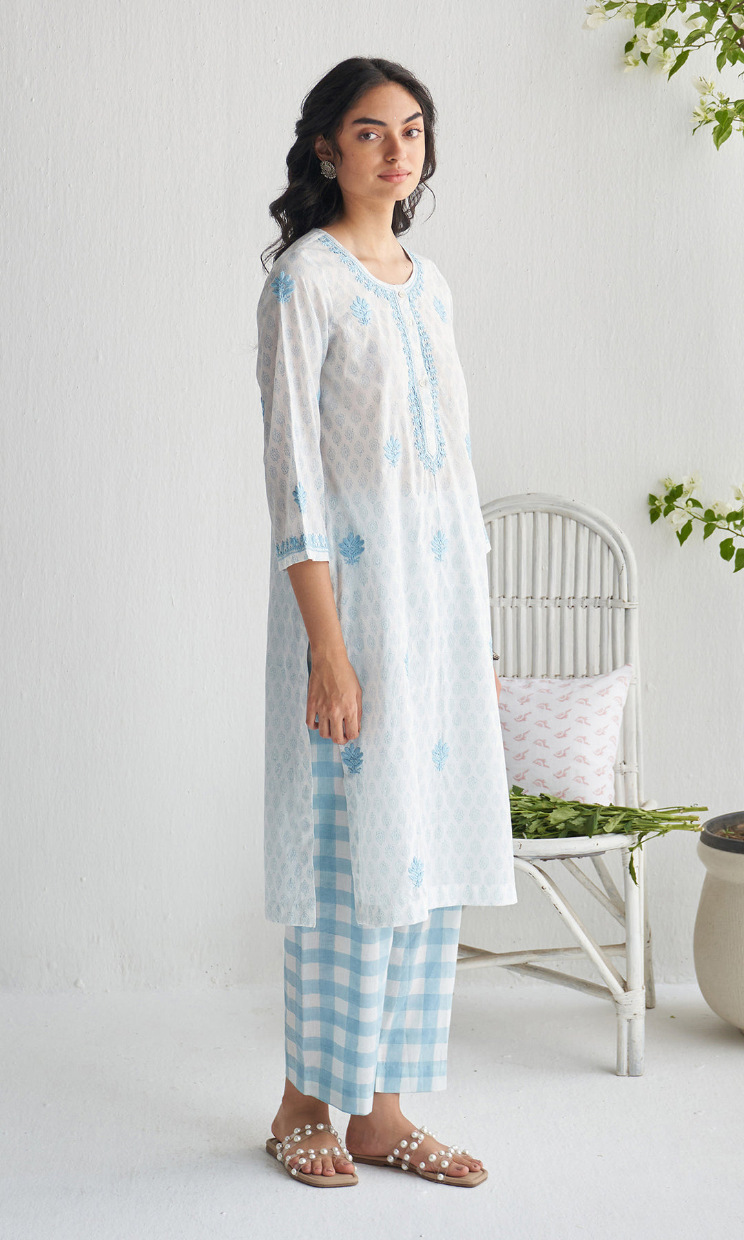 Gulmohar chikankari powder blue block printed  kurta with straight palazzo (set of 2)