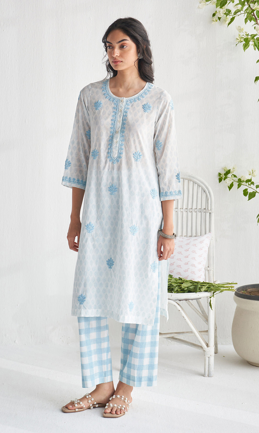 Gulmohar chikankari powder blue block printed  kurta with straight palazzo (set of 2)