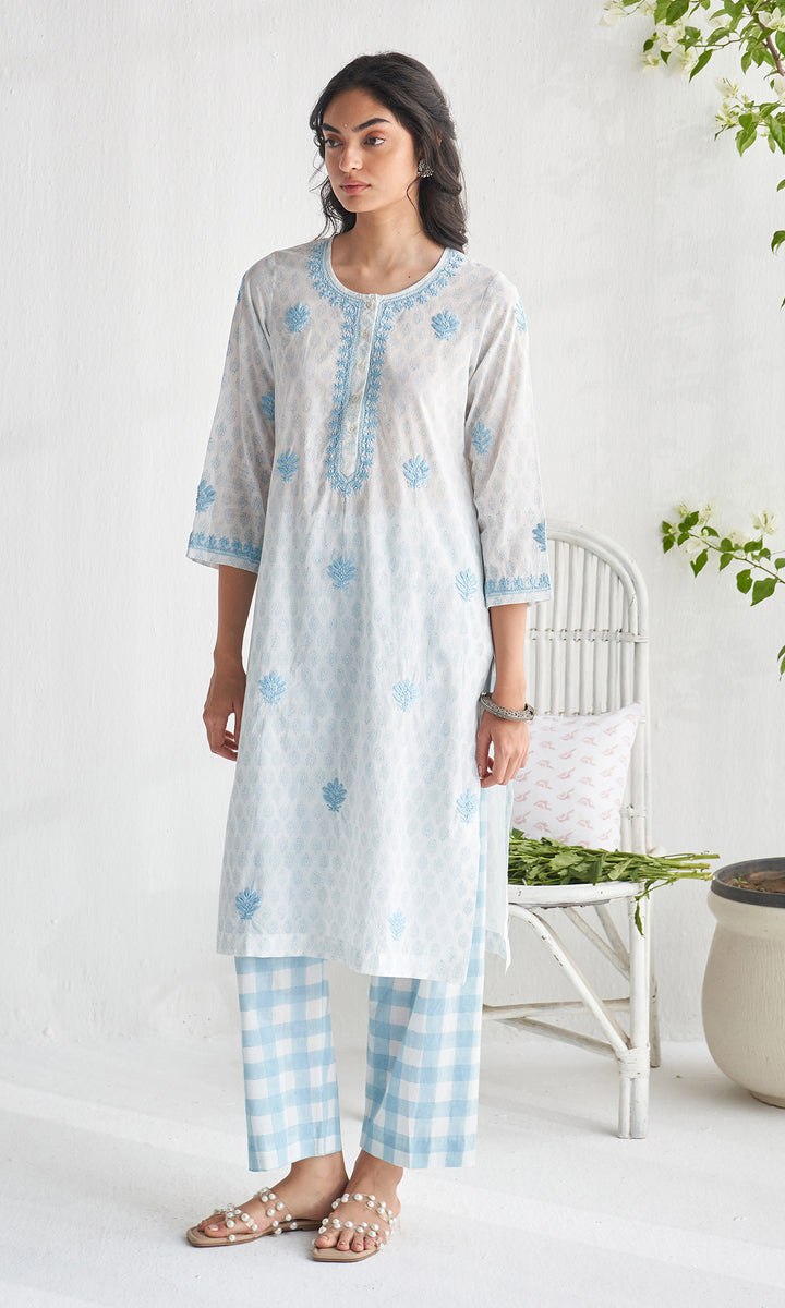 Gulmohar chikankari powder blue block printed  kurta with straight palazzo (set of 2)