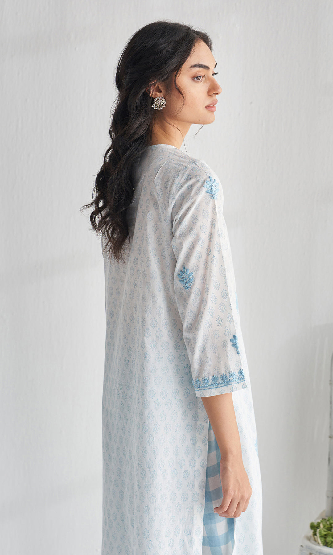 Gulmohar chikankari powder blue block printed  kurta with straight palazzo (set of 2)
