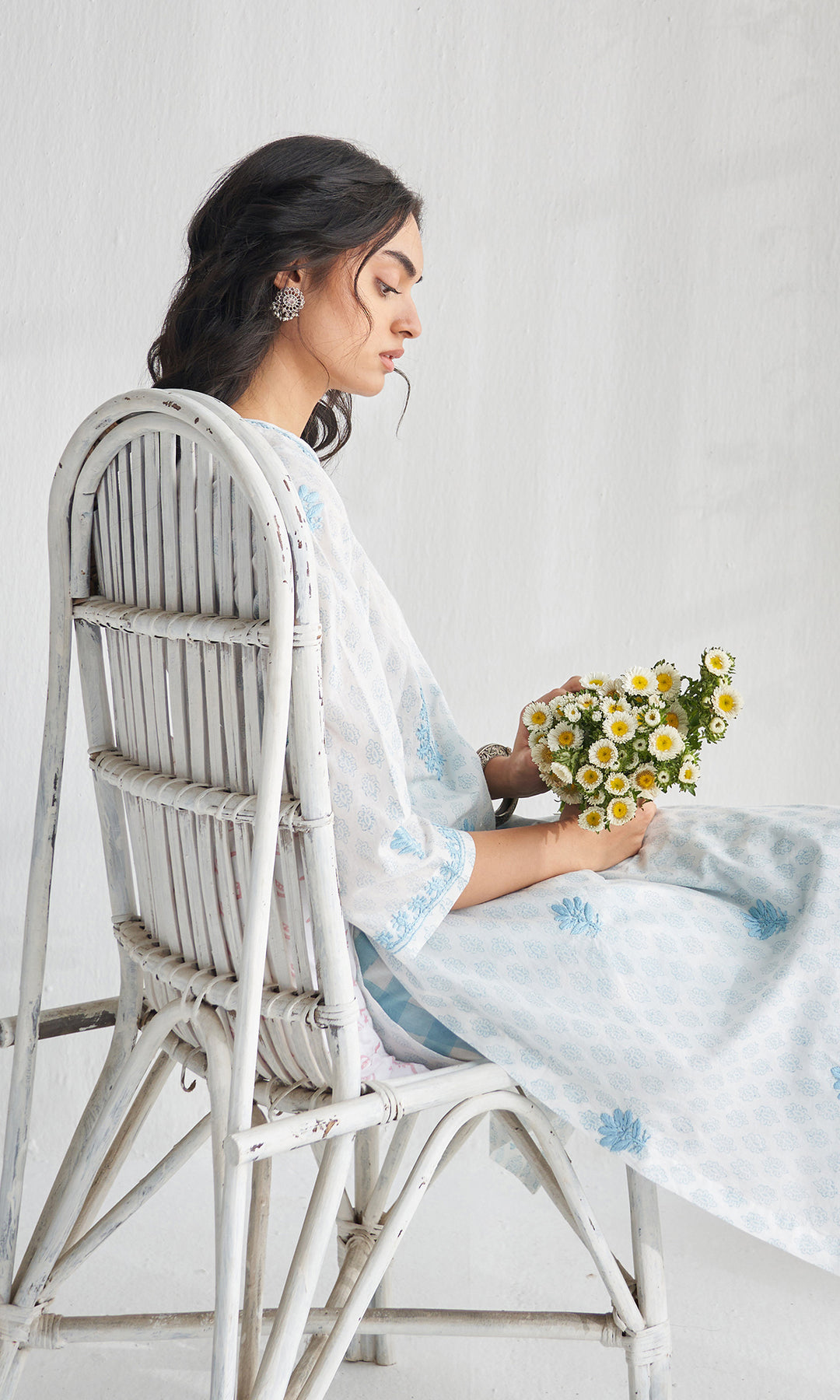 Gulmohar chikankari powder blue block printed  kurta with straight palazzo (set of 2)